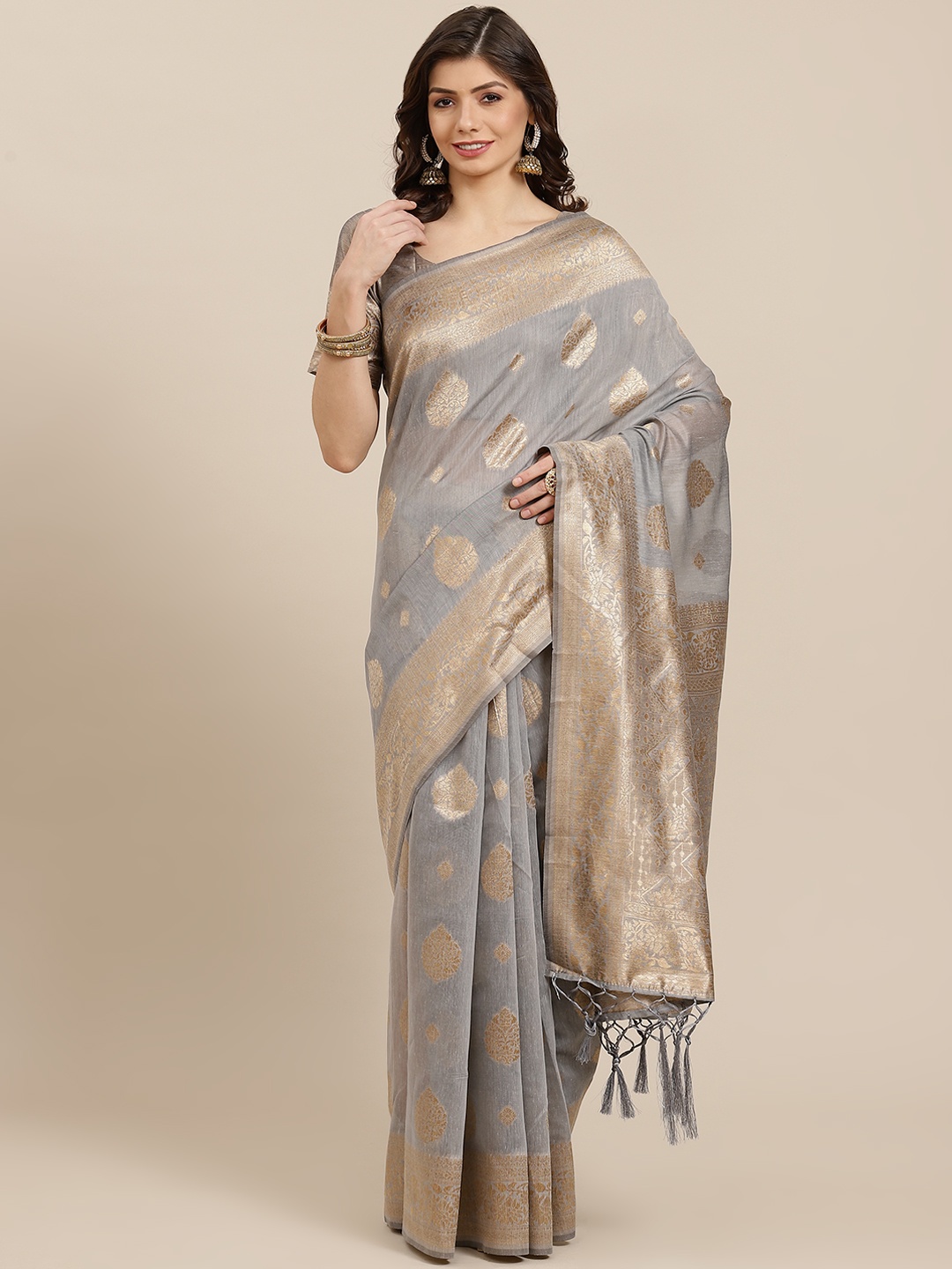 

Inddus Grey & Golden Woven Design Zari Banarasi Saree