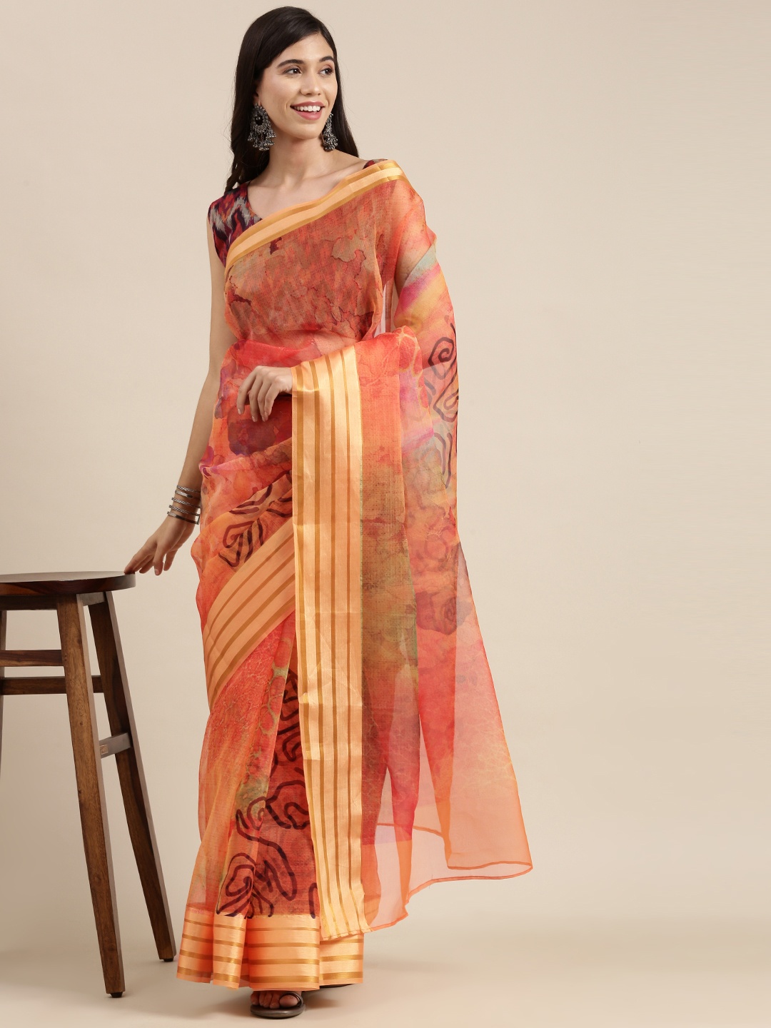 

Saree mall Orange Printed Organza Sarees