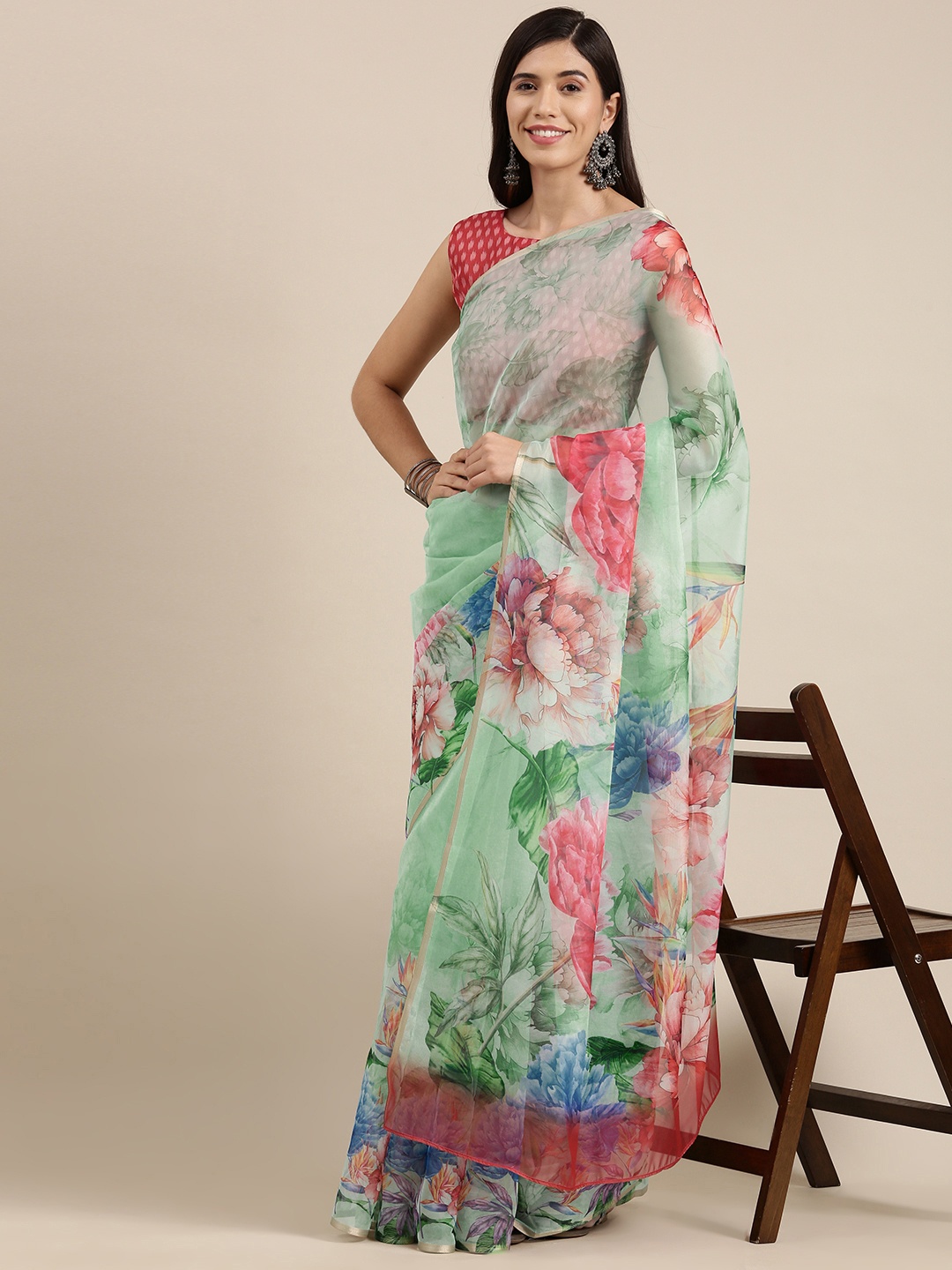 

Saree mall Sea Green & Pink Floral Printed Organza Sarees
