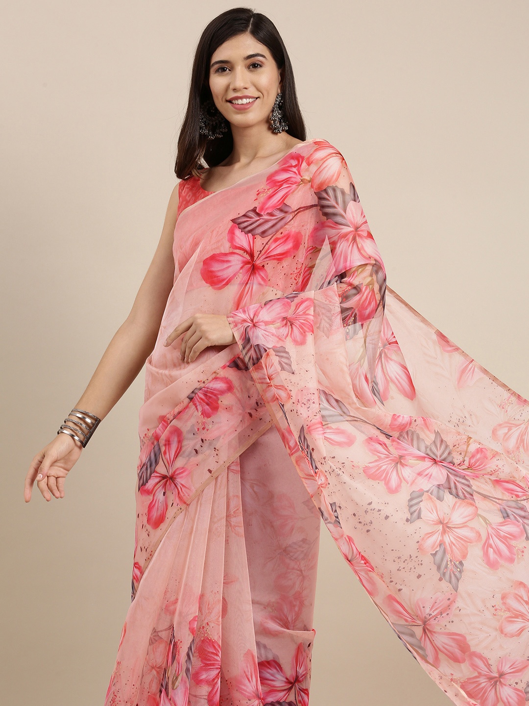 

Saree mall Pink Floral Printed Organza Sarees