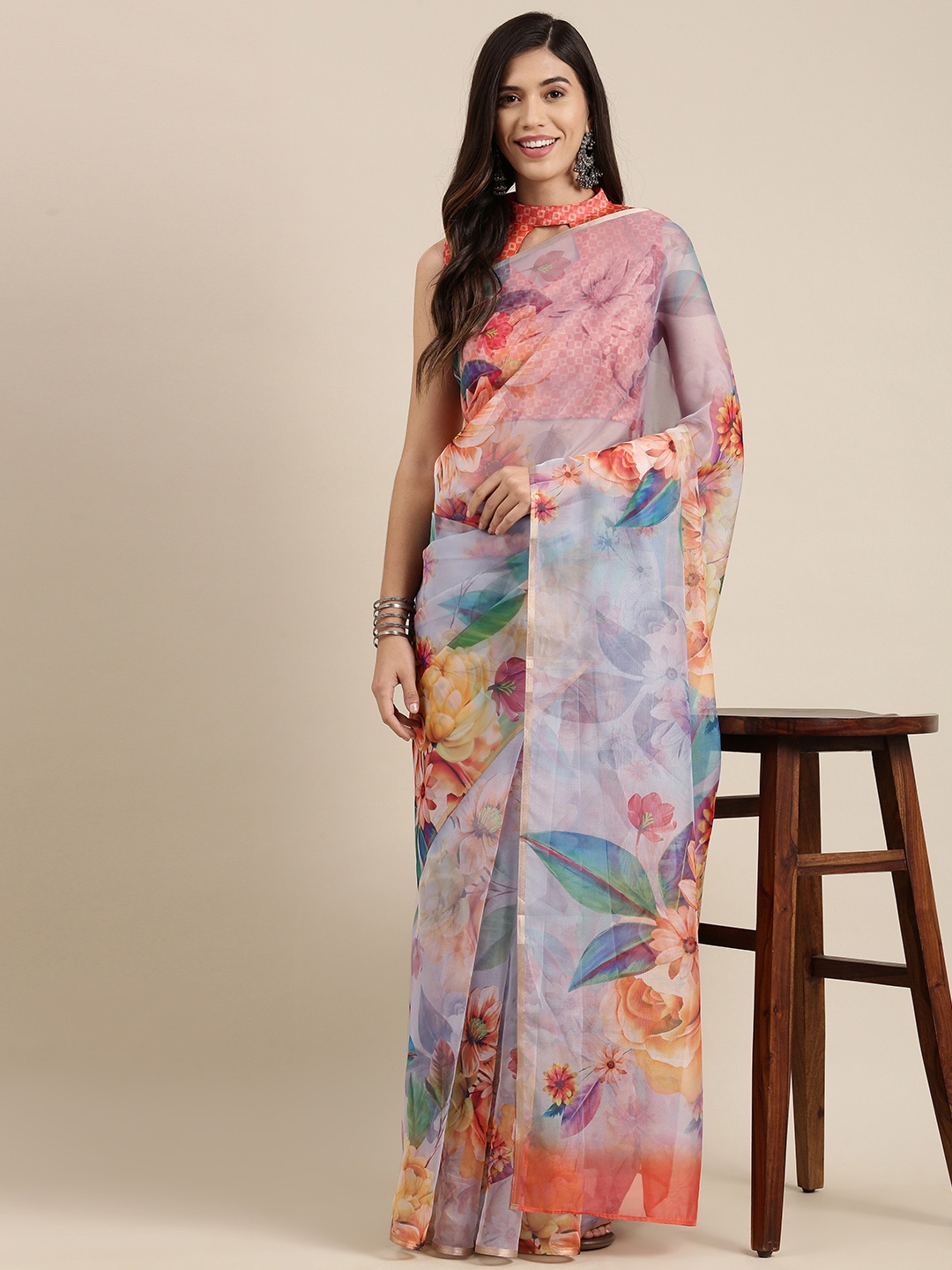 

Saree mall Blue & Orange Floral Printed Organza Sarees