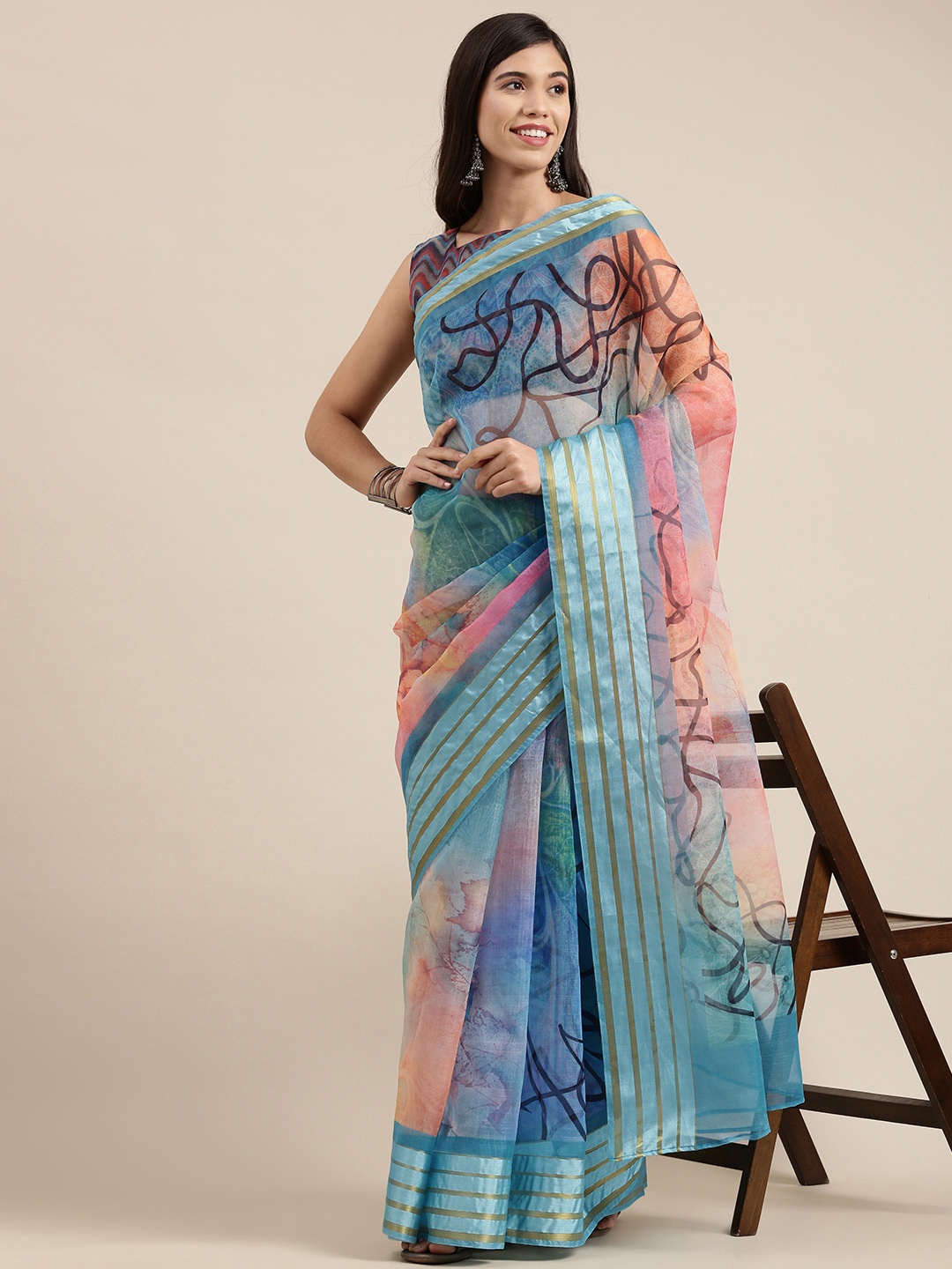 

Saree mall Blue Printed Organza Sarees