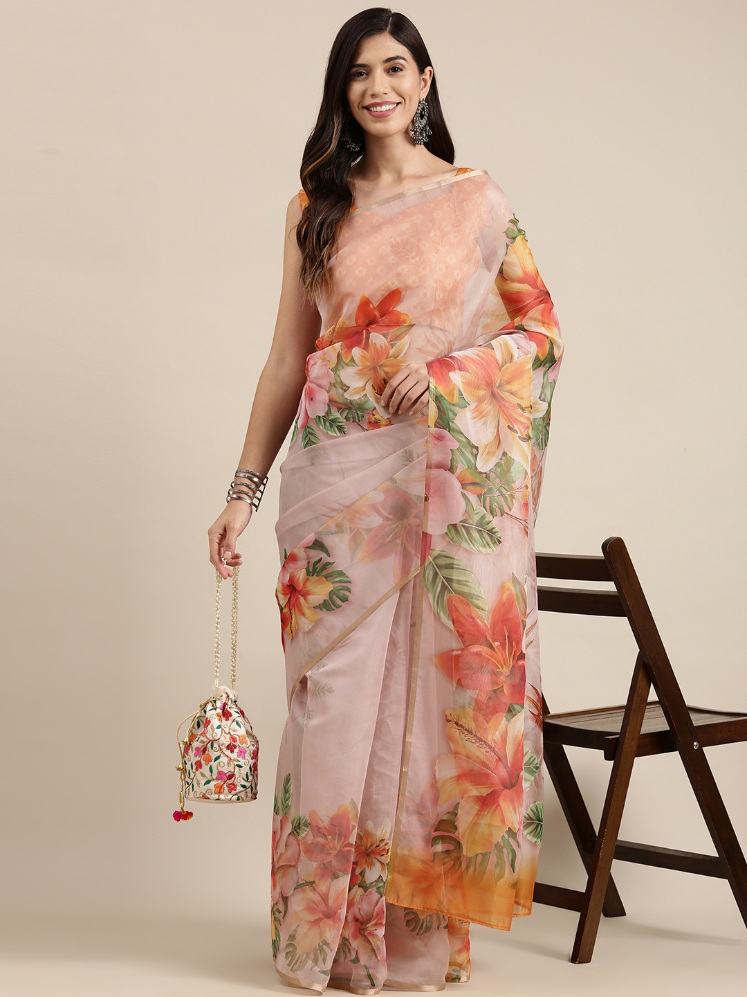 

Saree mall Pink Floral Printed Organza Sarees