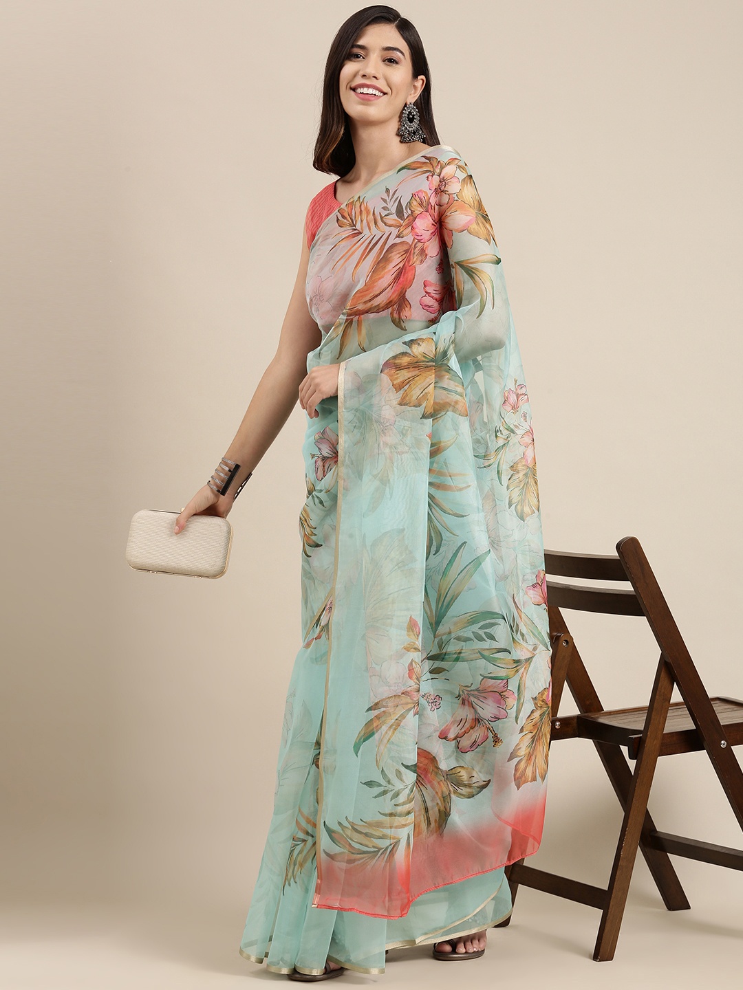 

Saree mall Turquoise Blue & Coral Pink Floral Printed Organza Sarees
