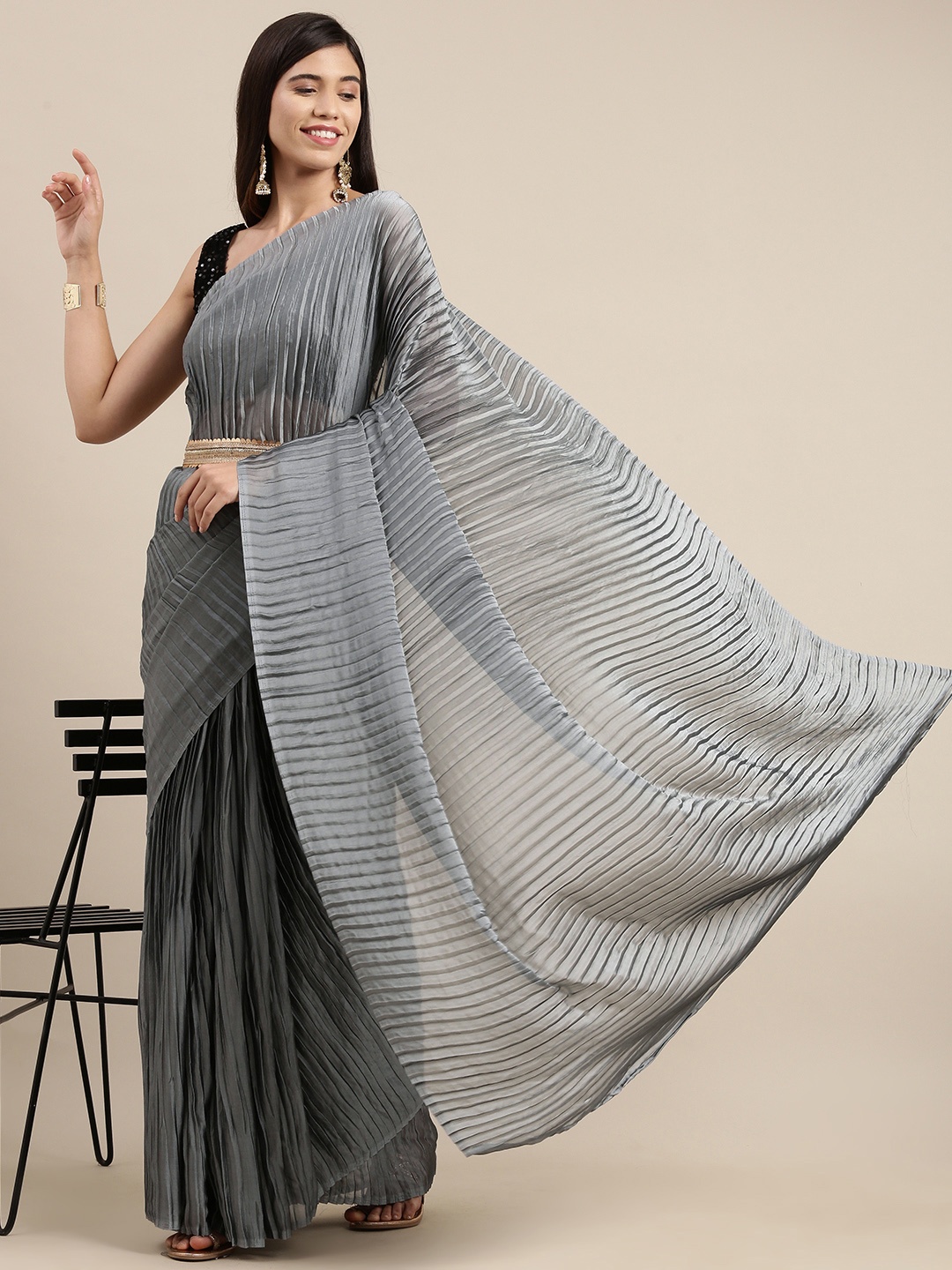 

Saree mall Grey Solid Accordion Pleated Sarees