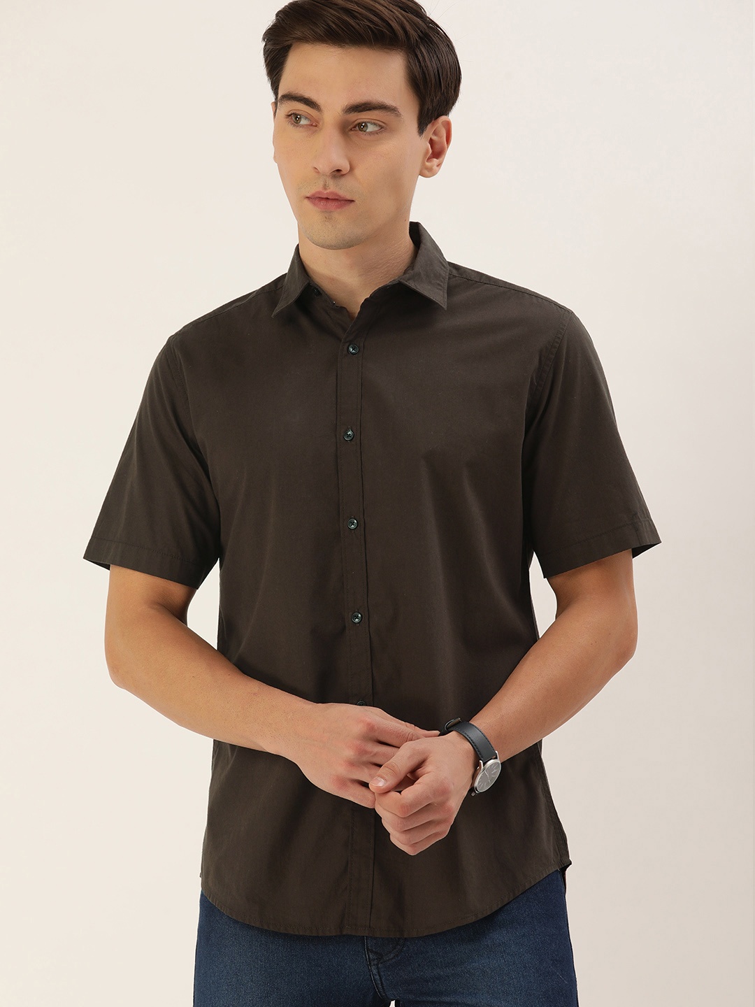 

IVOC Men Coffee Brown Solid Cotton Casual Shirt