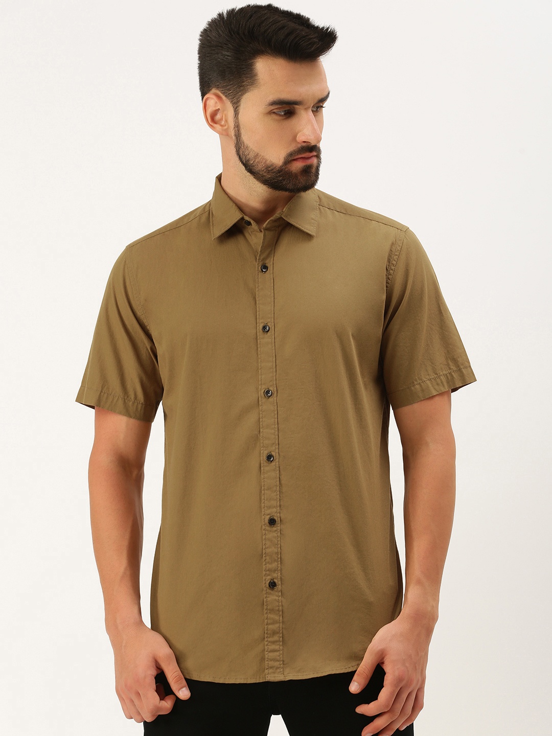 

IVOC Men Khaki Solid Cotton Casual Shirt