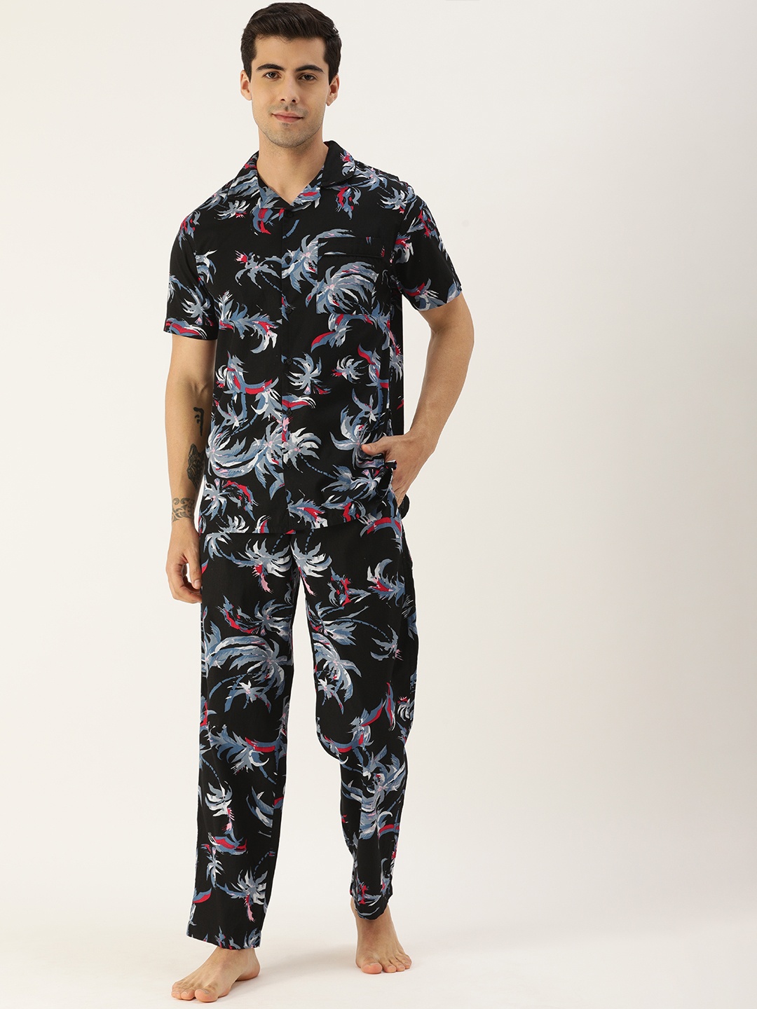

Bene Kleed Men Black & Grey Tropical Print Pure Cotton Pyjamas Set