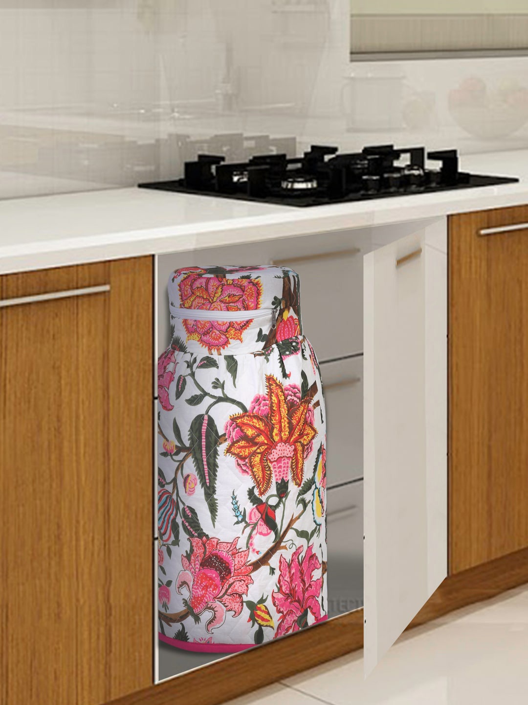 

Rajasthan Decor White & Pink Floral Printed Cotton Gas Cylinder Appliance cover, Multi