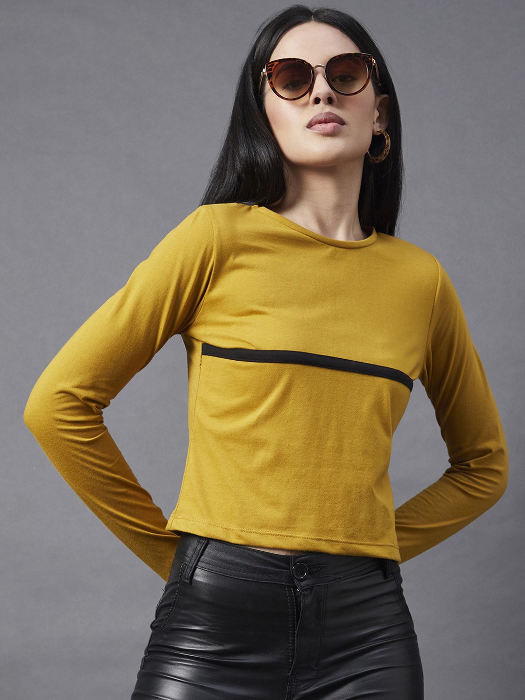 

Rigo Mustard Yellow & Black Contrast Detailing Cotton Top