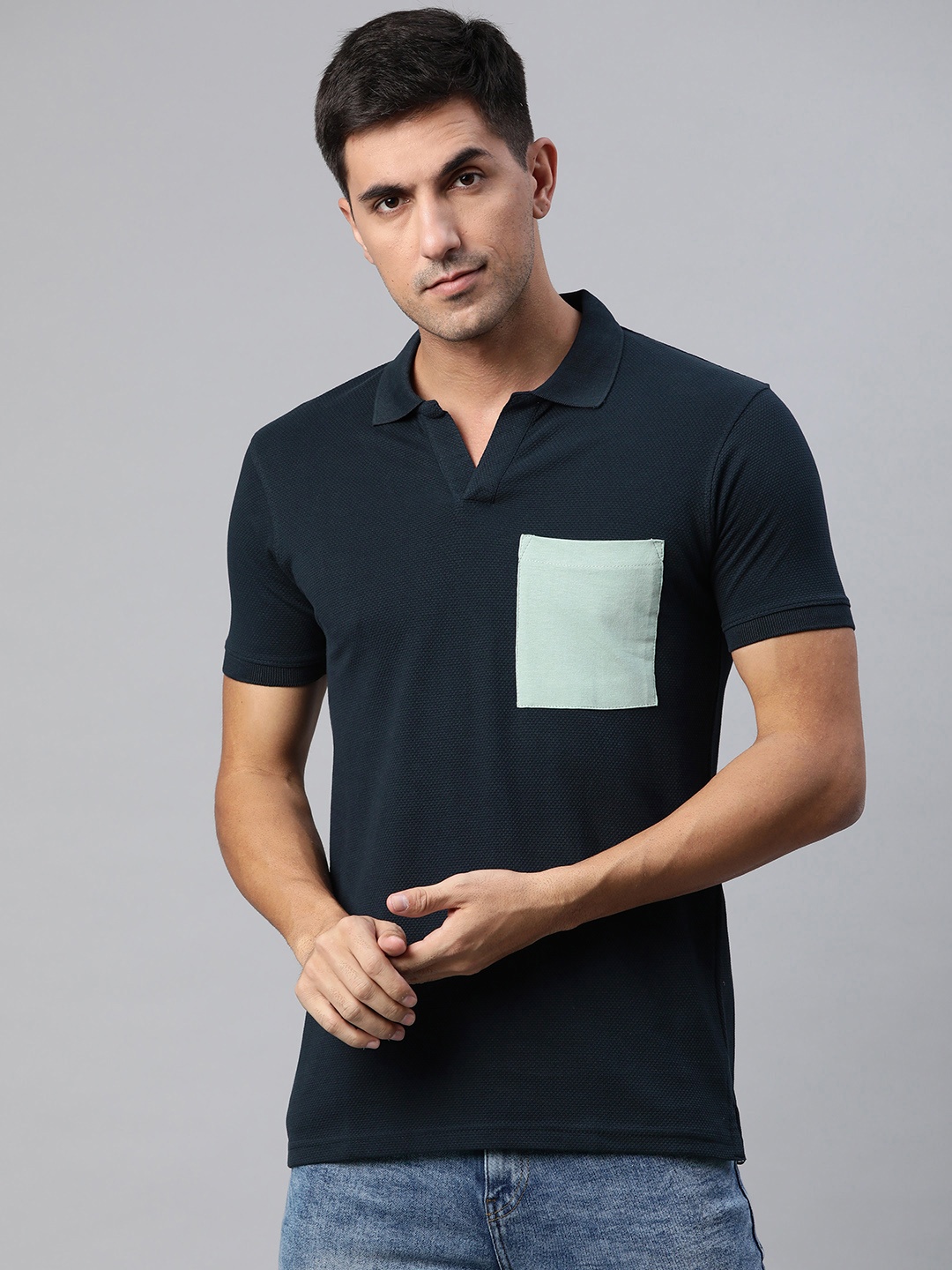 

ManQ CASUAL Men Navy Blue & Sea Green Polo Collar Slim Fit Cotton T-shirt