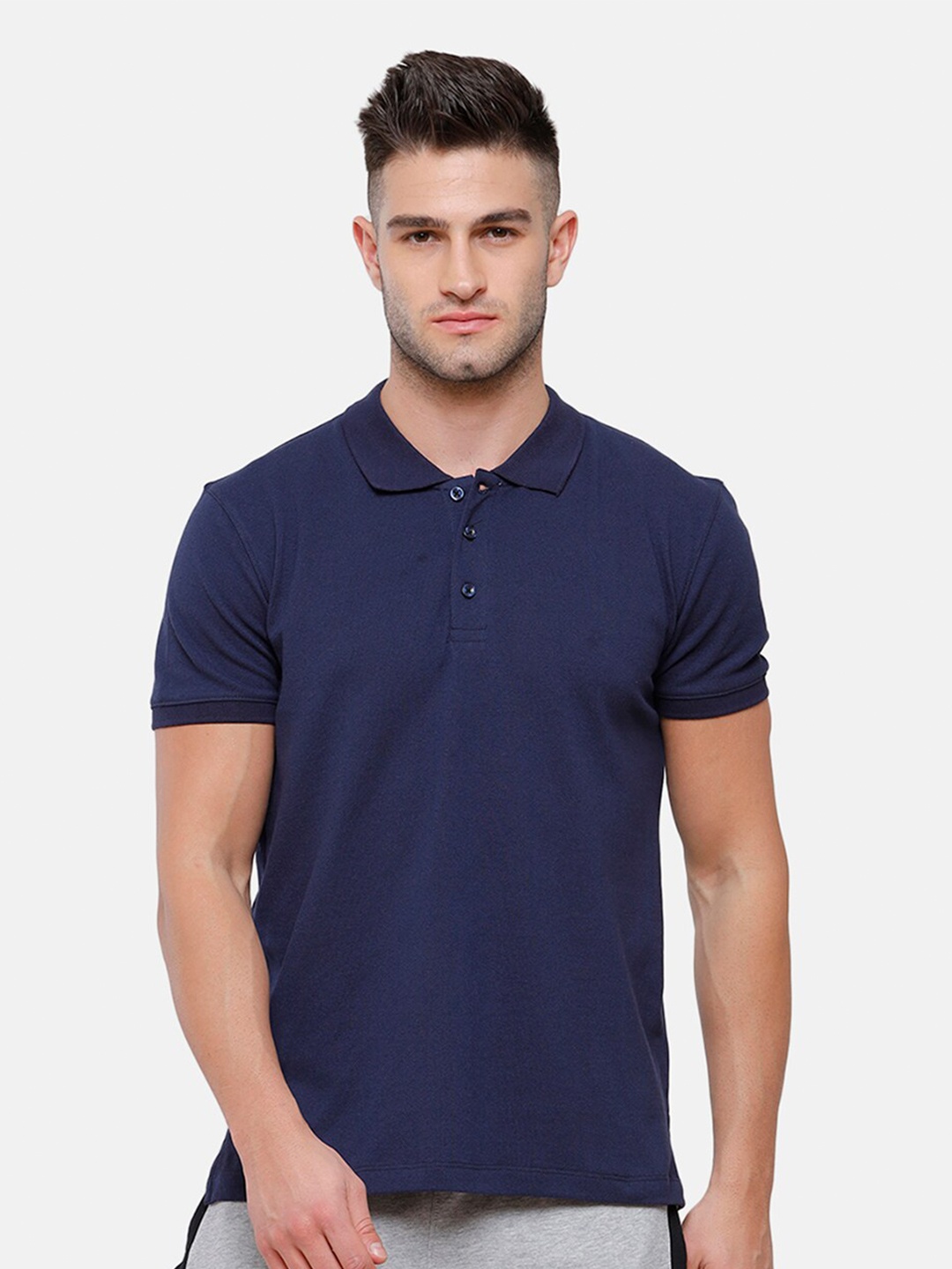 

MADSTO Men Navy Blue Polo Collar Slim Fit T-shirt