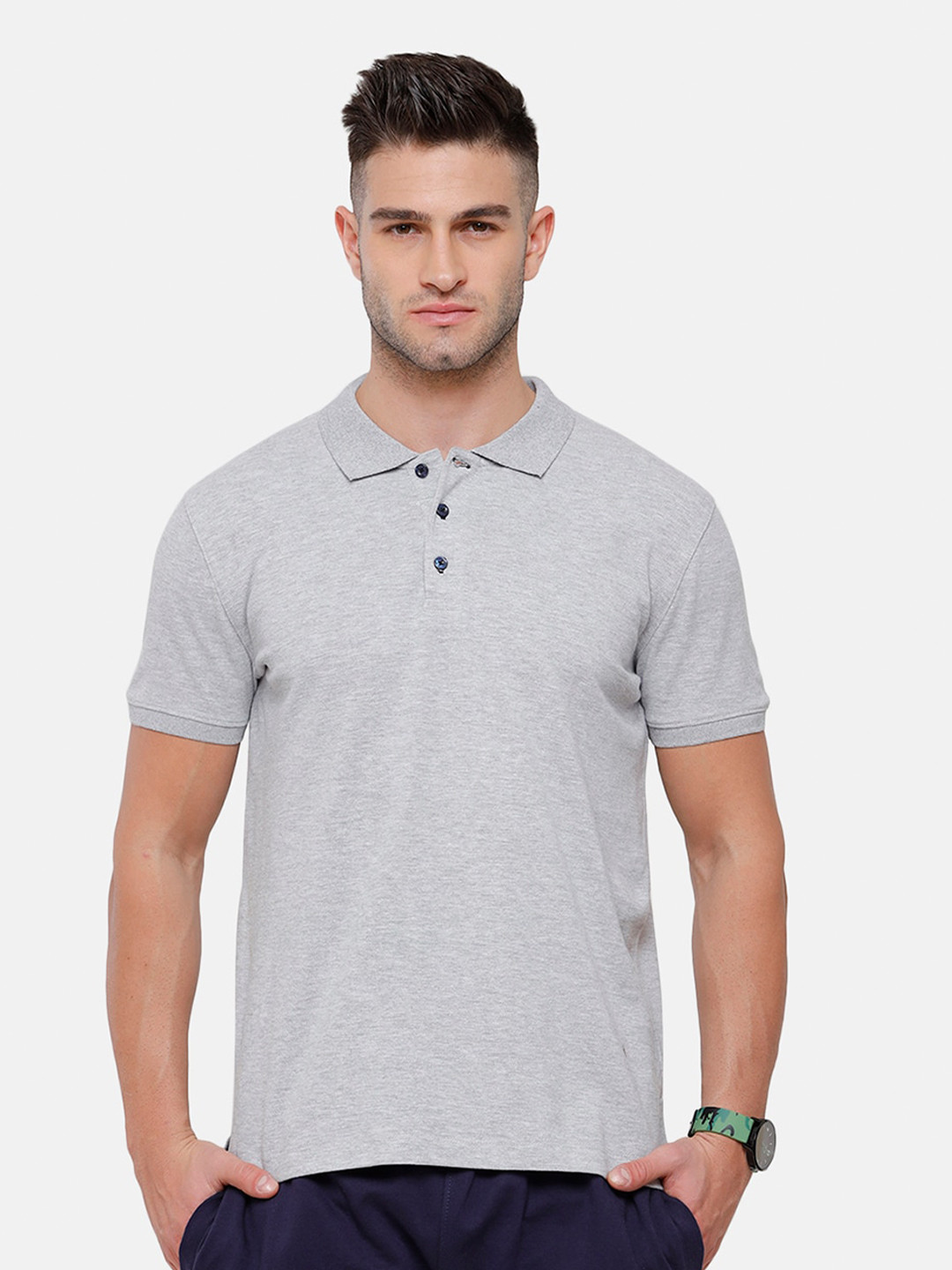 

MADSTO Men Grey Polo Collar Slim Pure Cotton Fit T-shirt
