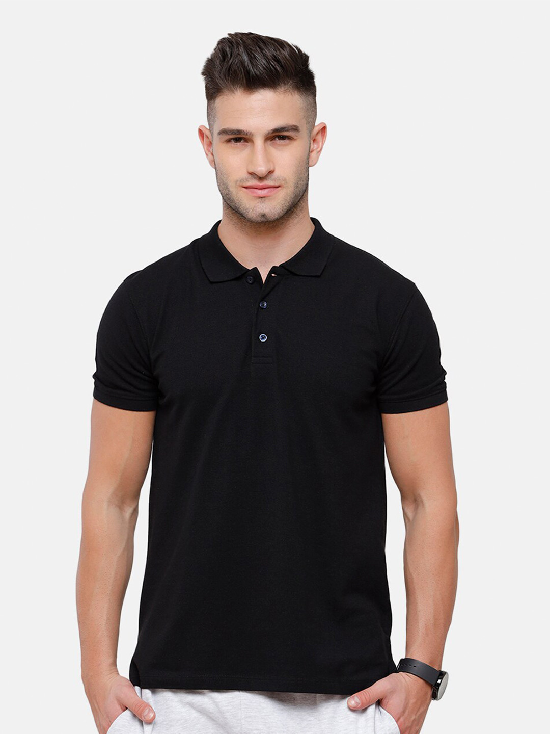 

MADSTO Men Black Polo Collar Slim Fit Pure Cotton T-shirt