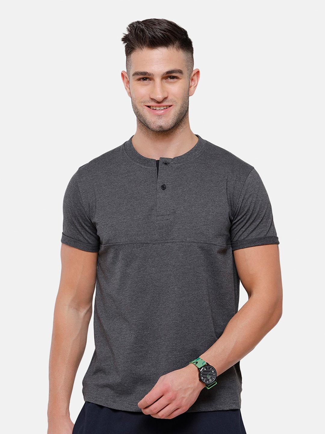 

MADSTO Men Charcoal Henley Neck Cotton Slim Fit T-shirt
