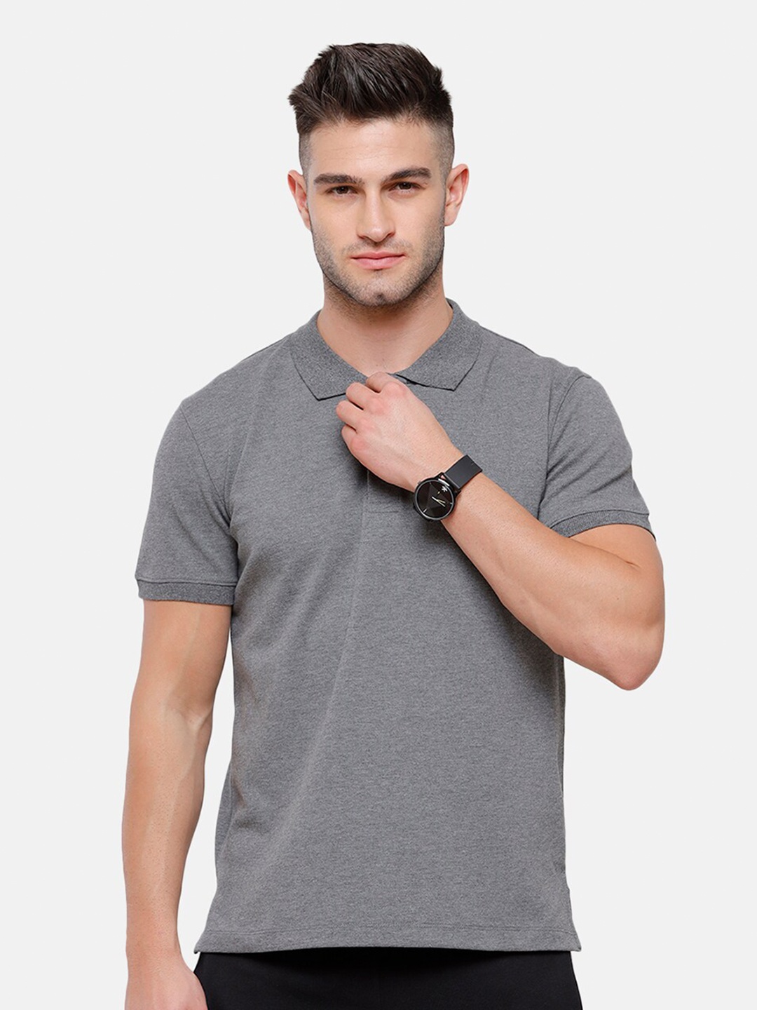 

MADSTO Men Grey Polo Collar Slim Fit Pure Cotton T-shirt