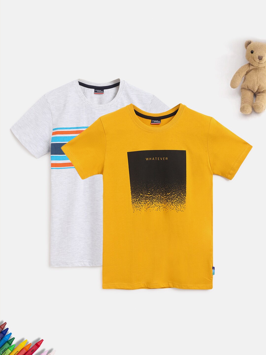 

Lil Tomatoes Boys Yellow & White Pack of 2 Printed Outdoor Cotton T-shirt