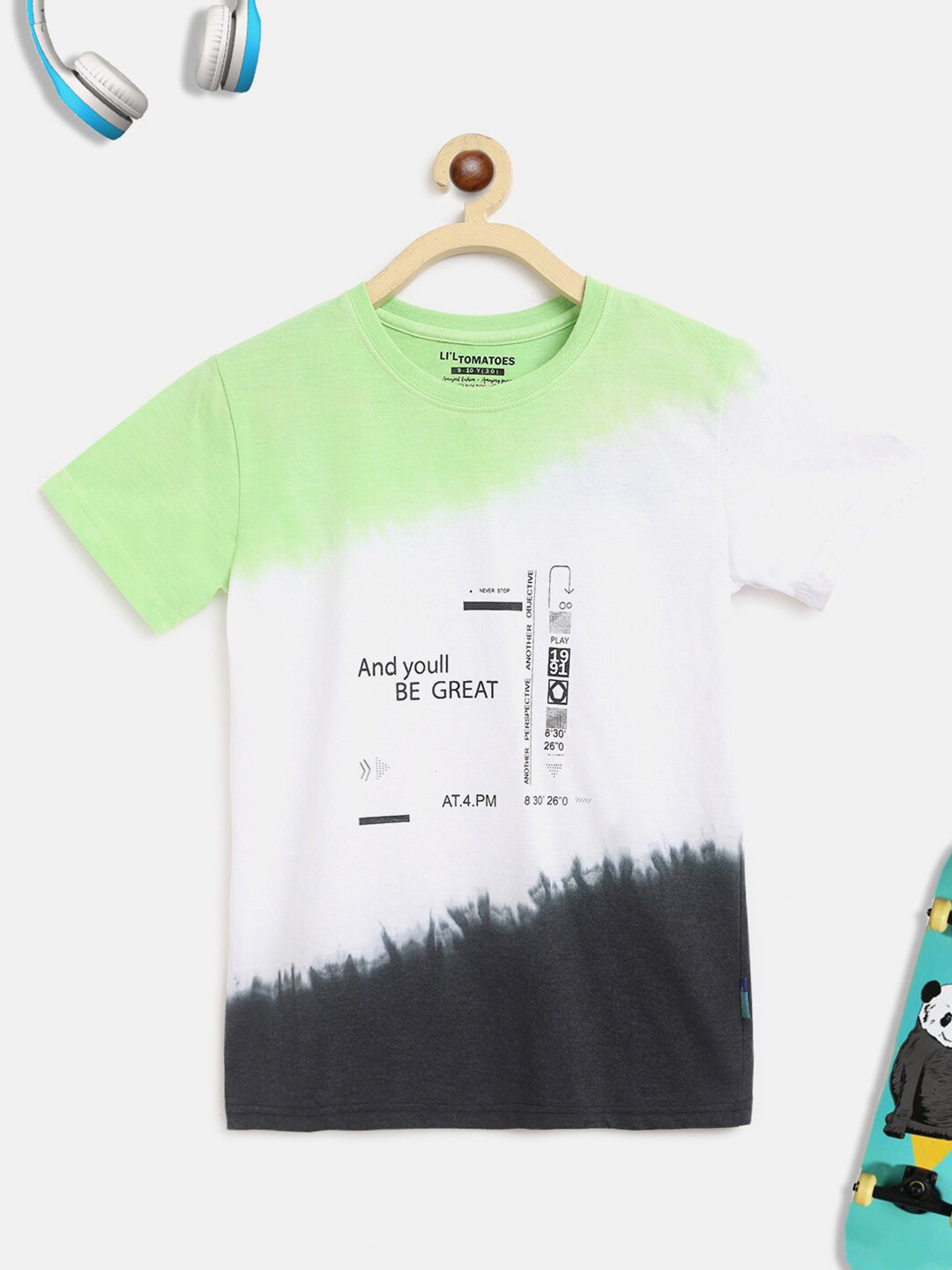 

Lil Tomatoes Boys Green & Black Typography Dyed Cotton Outdoor T-shirt