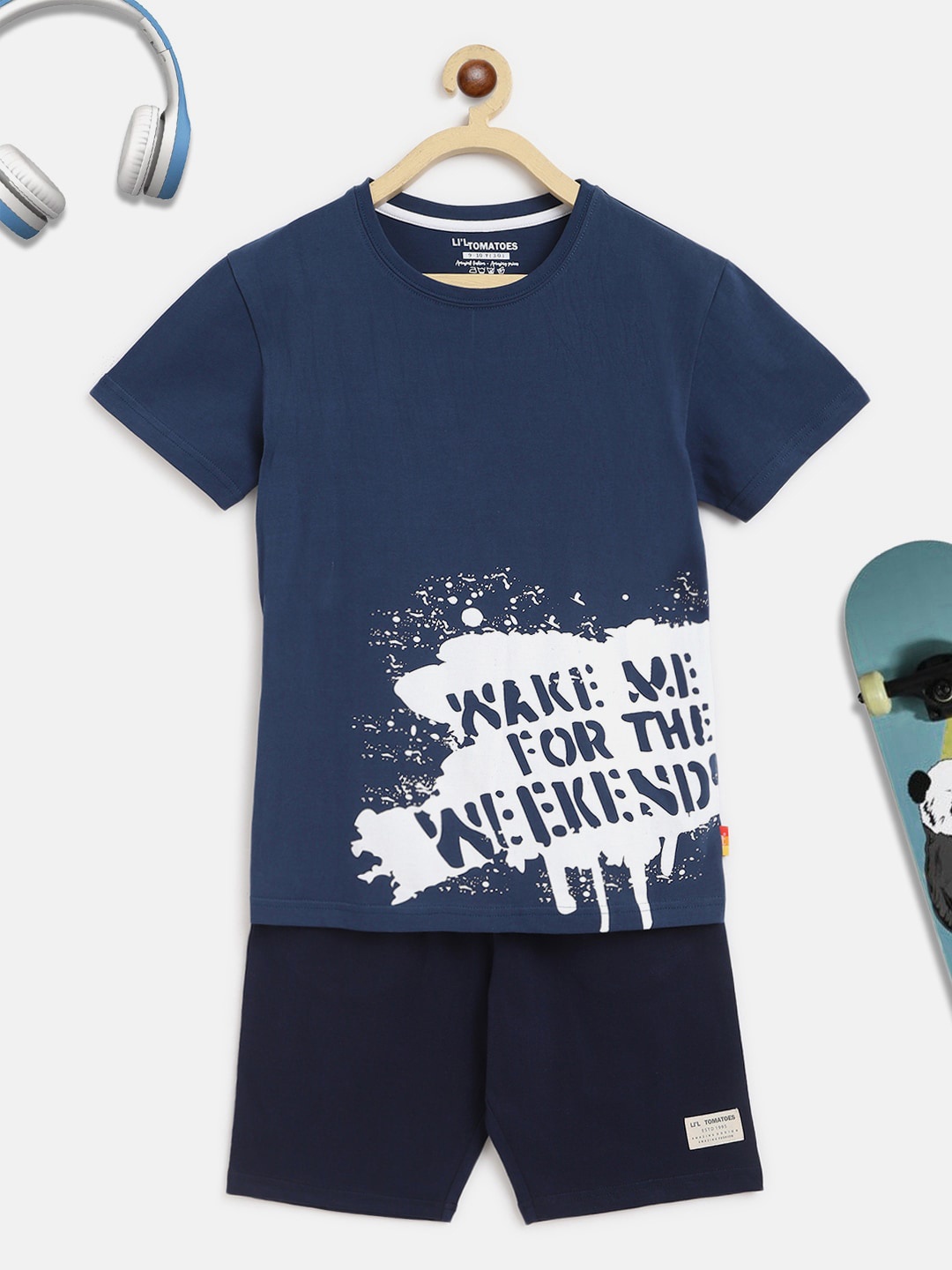 

Lil Tomatoes Boys Navy Blue & White Printed Cotton Night suit