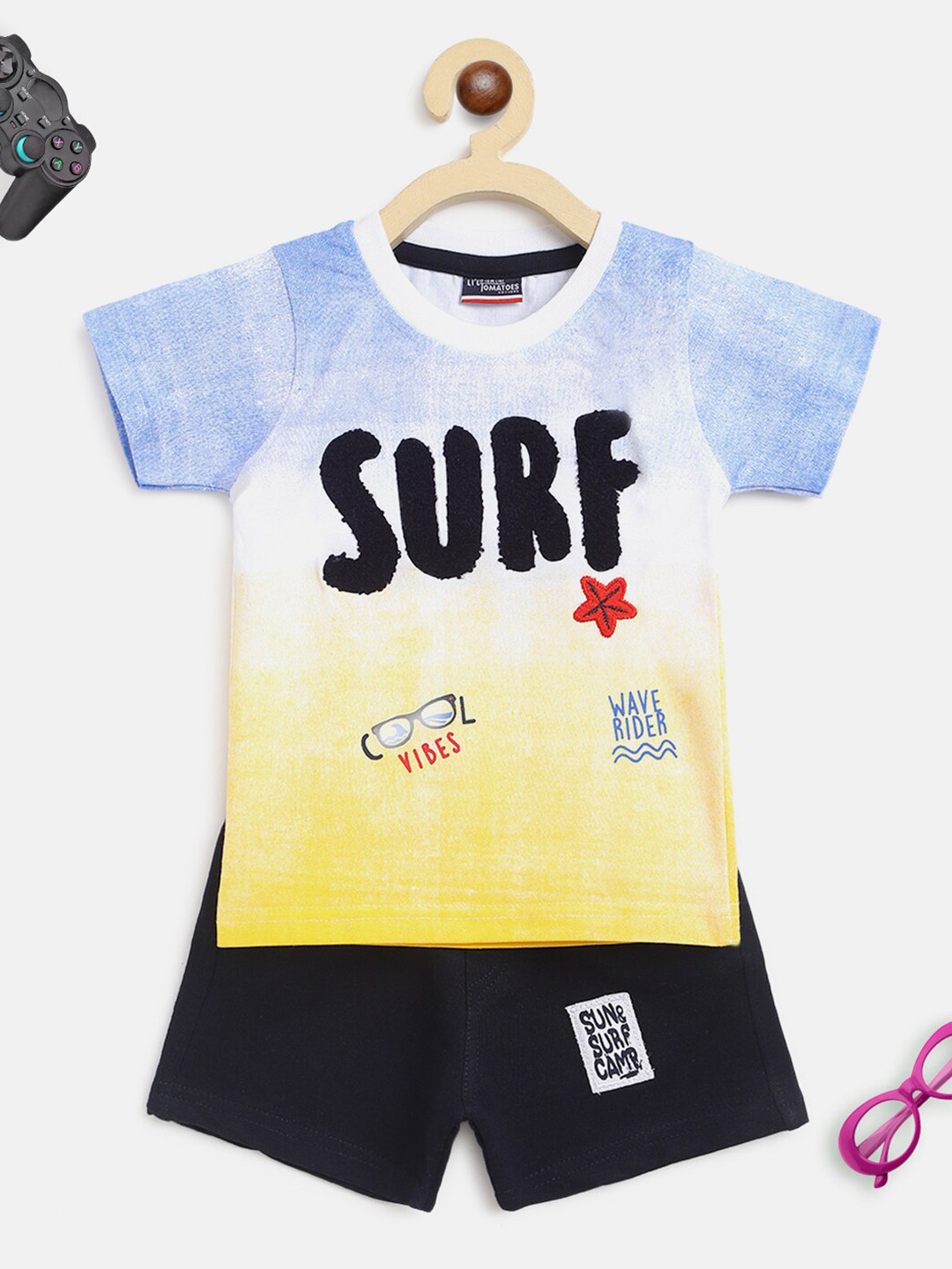 

Lil Tomatoes Unisex Kids Blue & Black Printed Pure Cotton T-shirt with Shorts