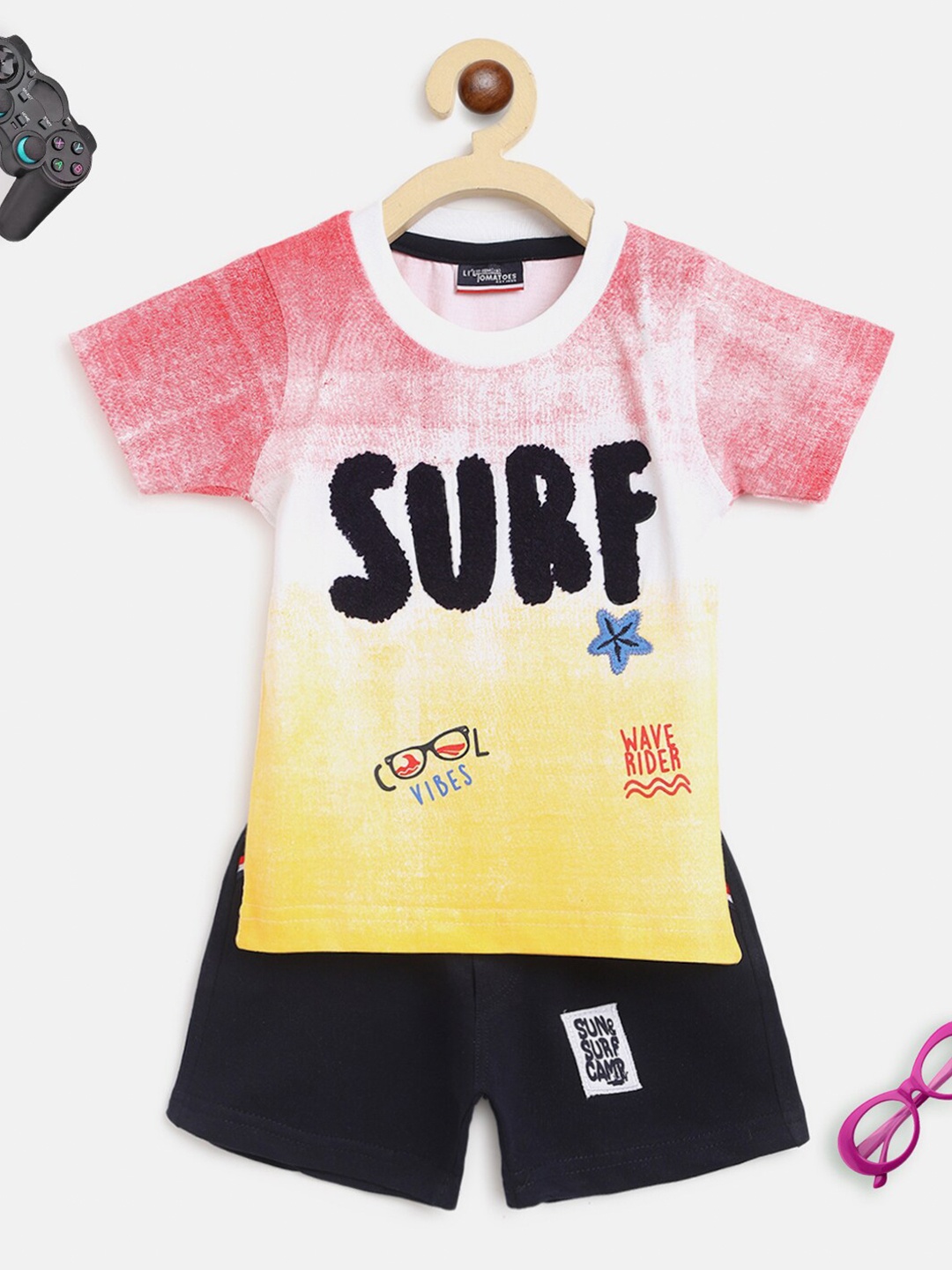 

Lil Tomatoes Kids Yellow & Black Printed Pure Cotton T-shirt with Shorts