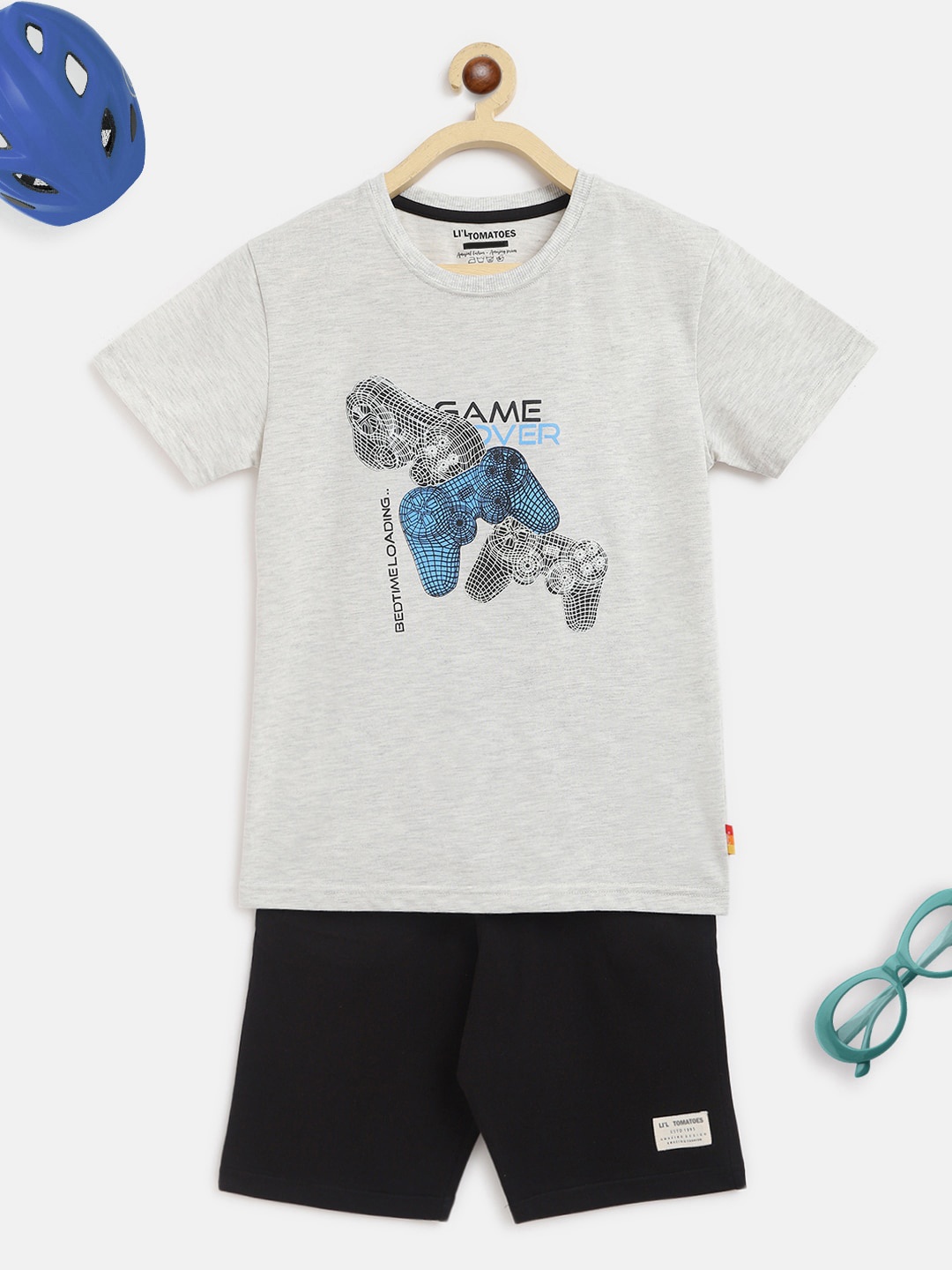 

Lil Tomatoes Boys Grey & Navy Blue Printed Cotton T-shirt with Shorts