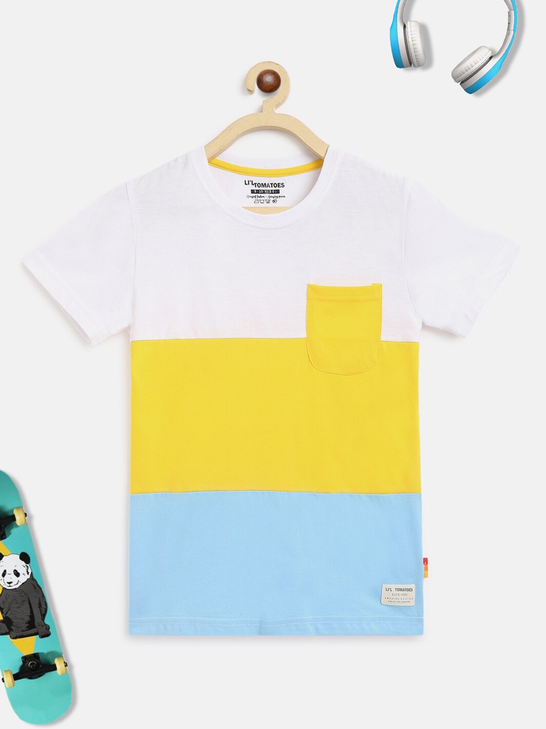 

Lil Tomatoes Boys Yellow & Blue Colourblocked Outdoor Cotton T-shirt