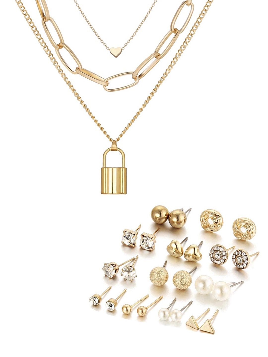 

Vembley Gold-Plated & White Stones-Studded & Beaded Golden Heart Lock Jewellery Set