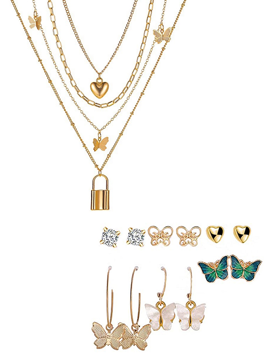 

Vembley Gold-Plated Triple Layered Heart Lock & Butterfly Jewellery Set