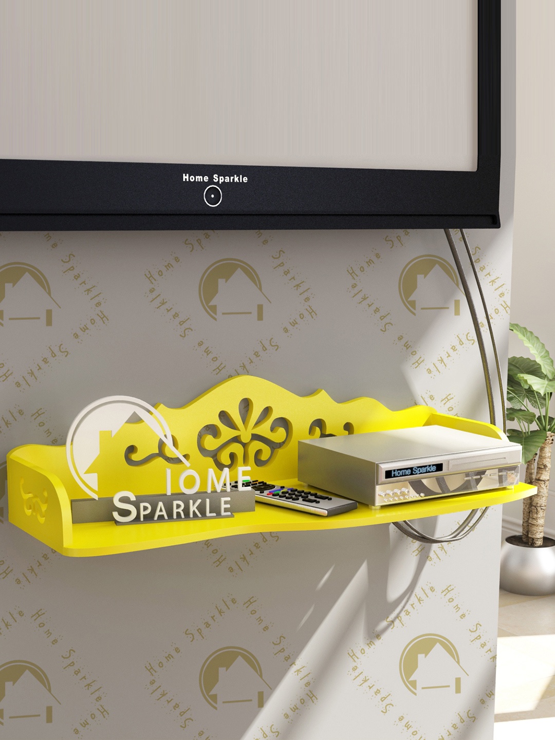 

Home Sparkle Yellow Carved Wooden Wall Shelf