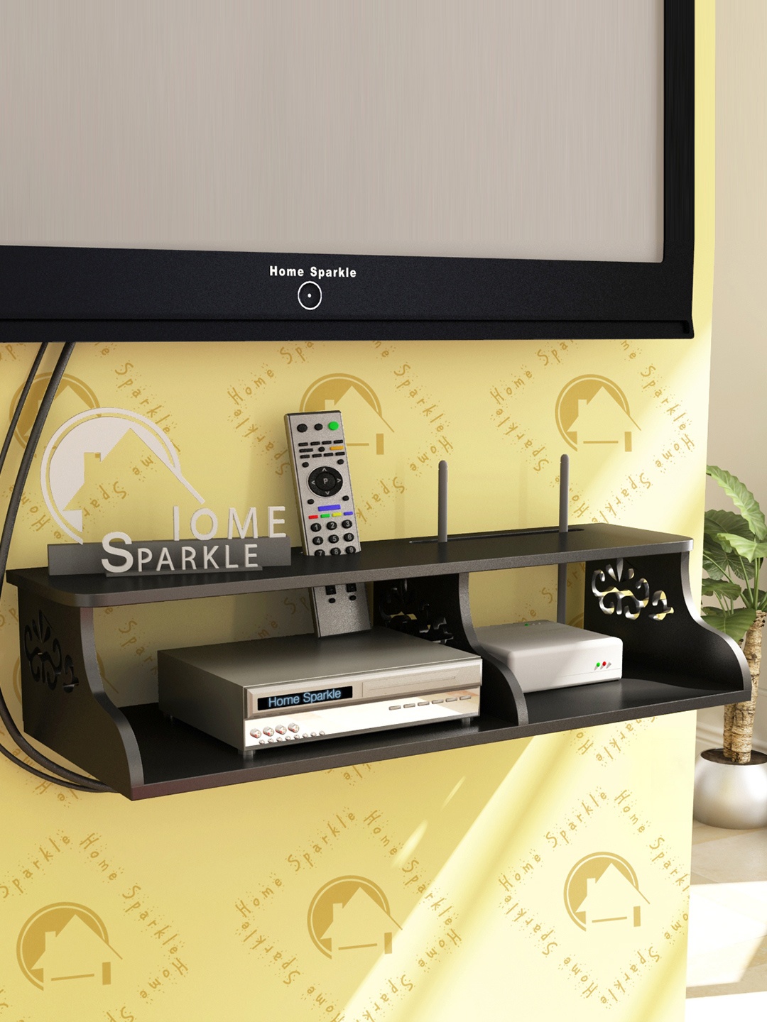 

Home Sparkle Black Carved Wooden Wall Shelf