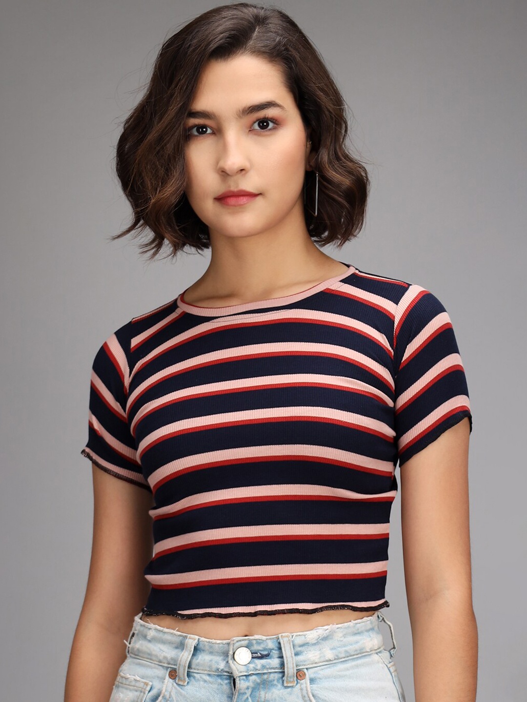 

Darzi Navy Blue & Red Striped Crop Top