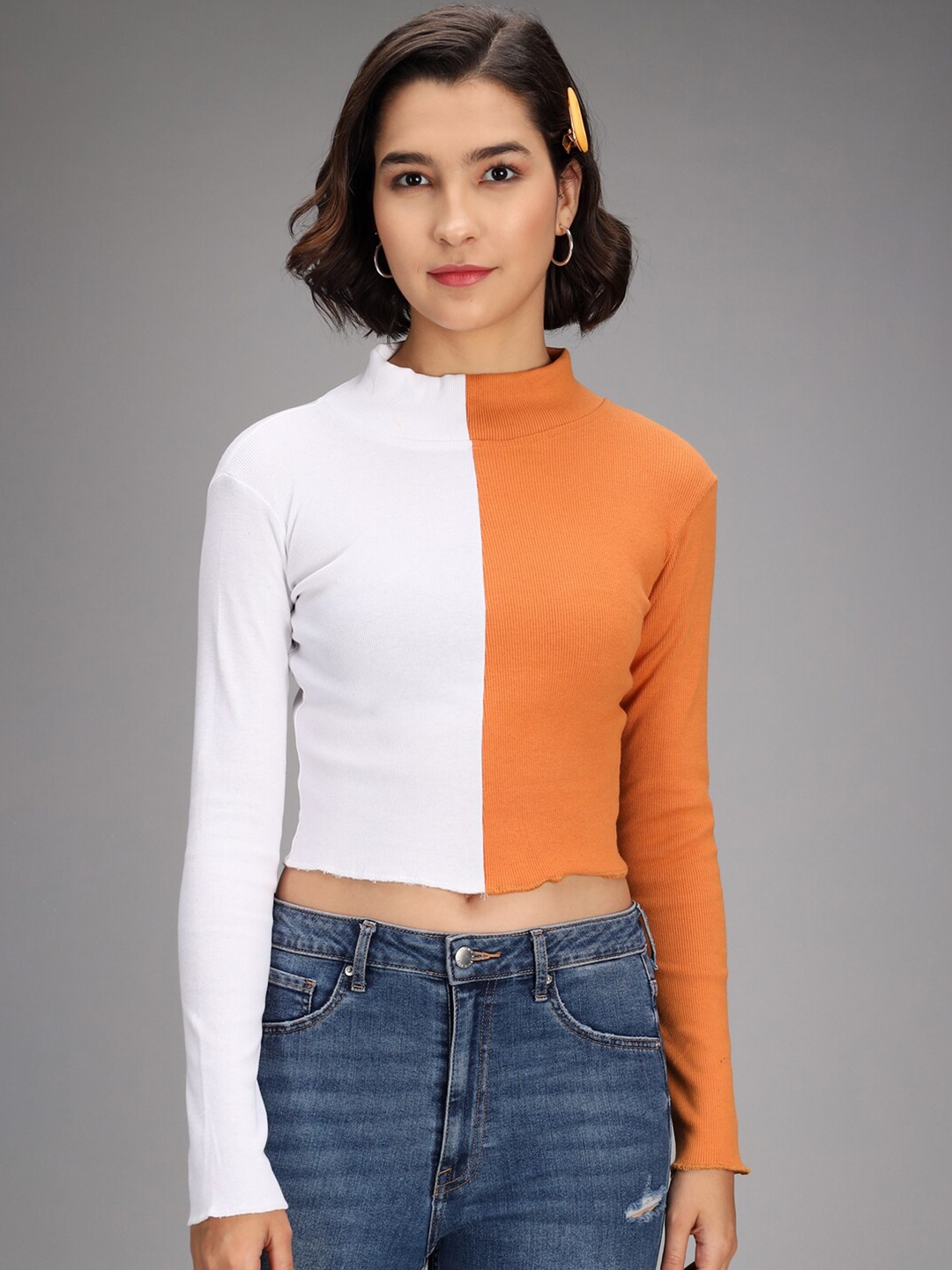 

Darzi White & Orange Colourblocked Crop Top
