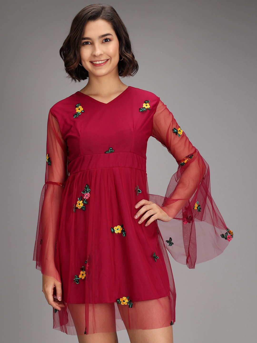 

Darzi Women Maroon Floral Net Empire Dress