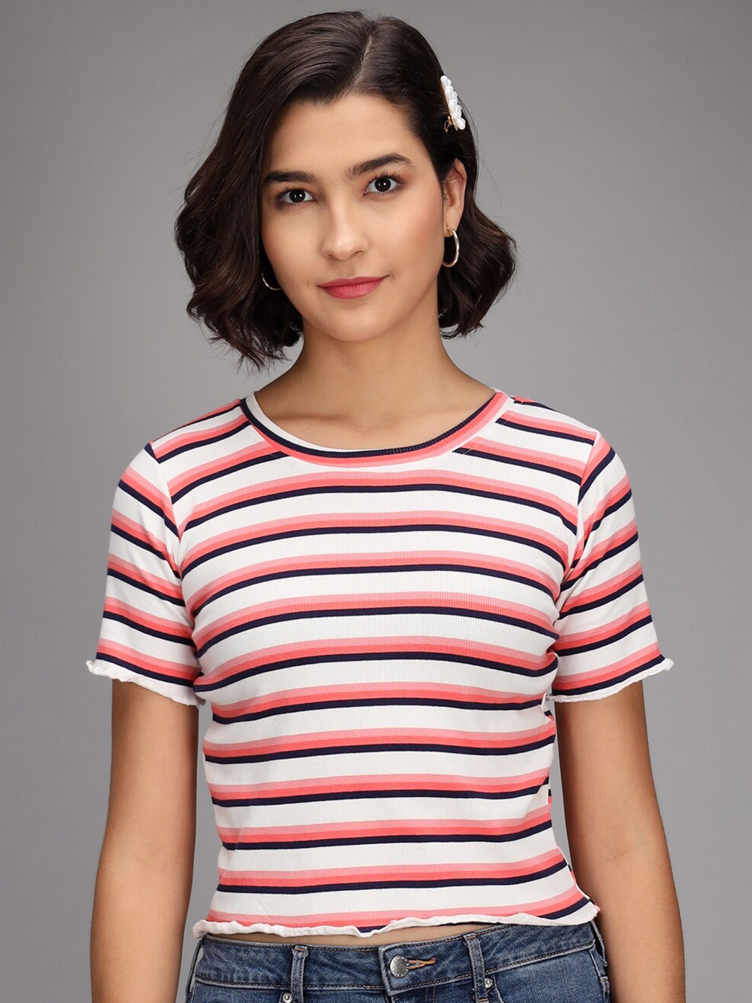 

Darzi White & Pink Striped Crop Top