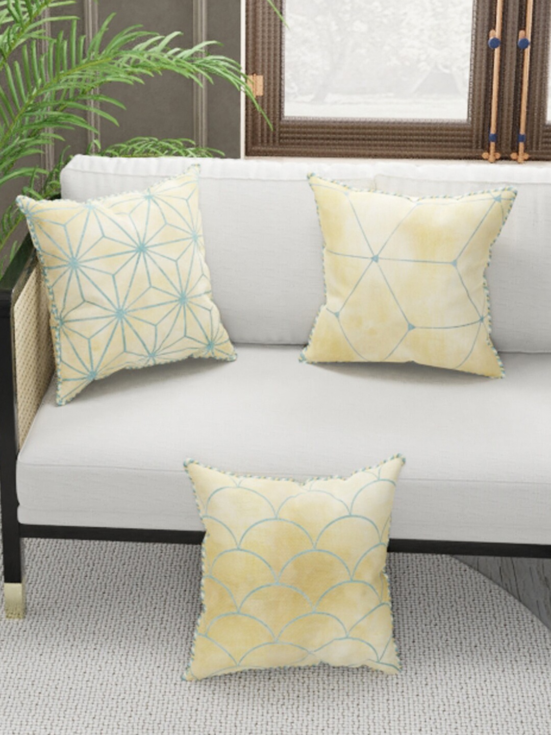 

BIANCA Set Of 3 Beige & Blue Geometric Printed Cushion Covers