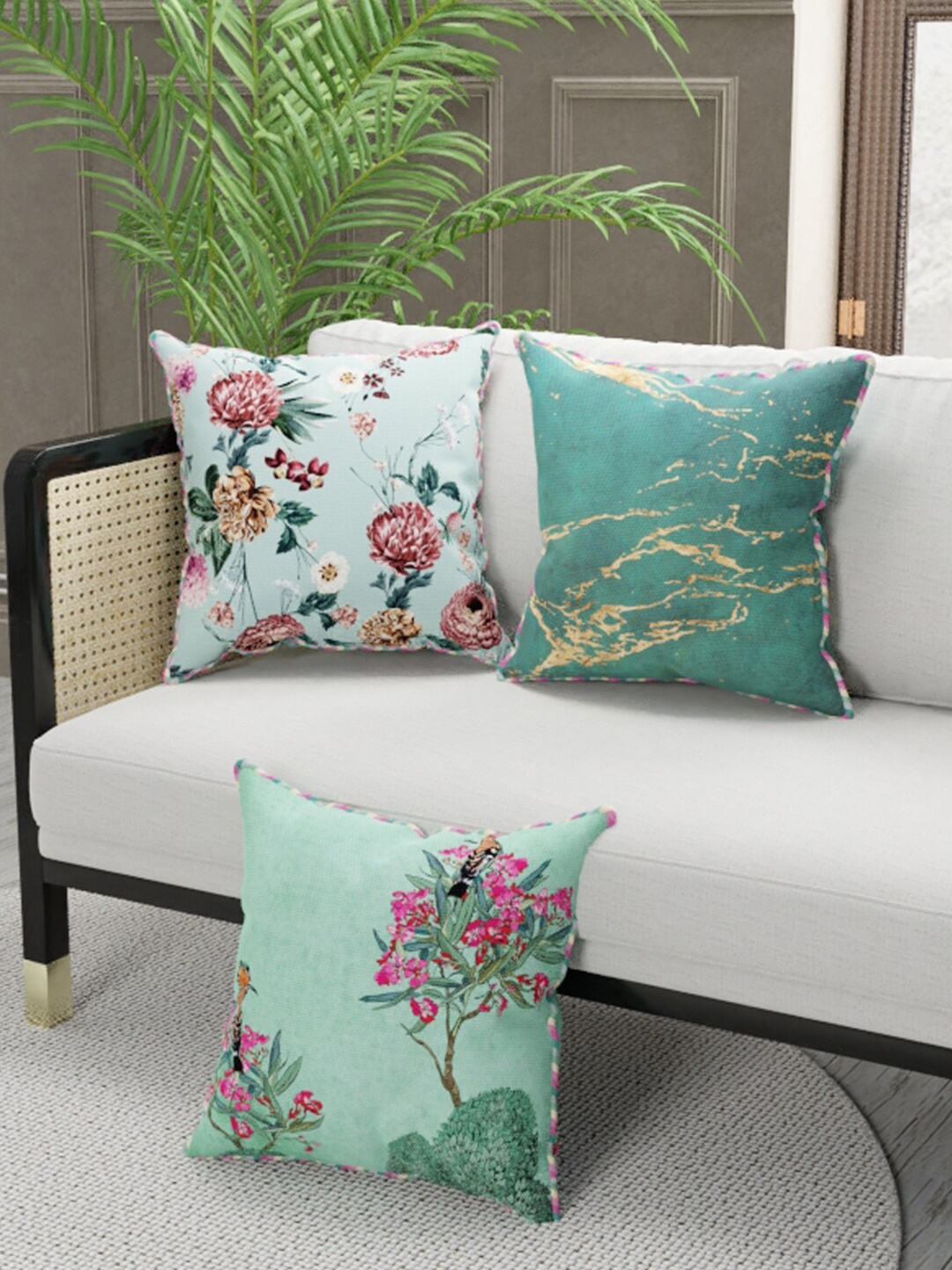 

BIANCA Set of 3 Green & Pink Floral Square Cushion Covers