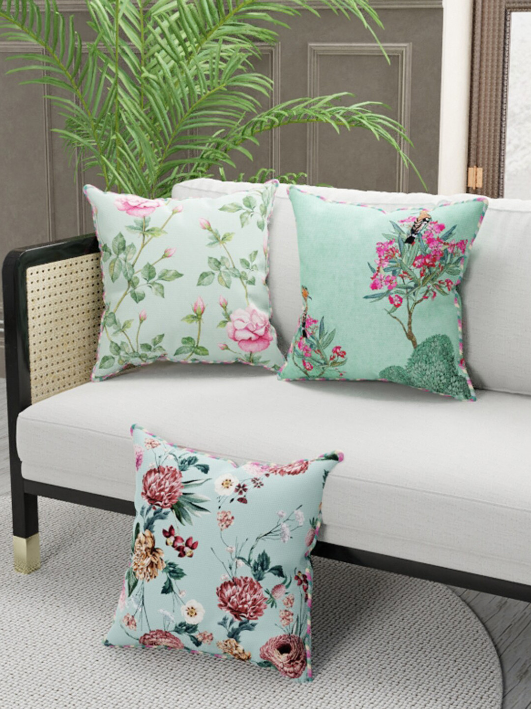 

BIANCA Mint Green & Red Set of 3 Floral Square Cushion Covers