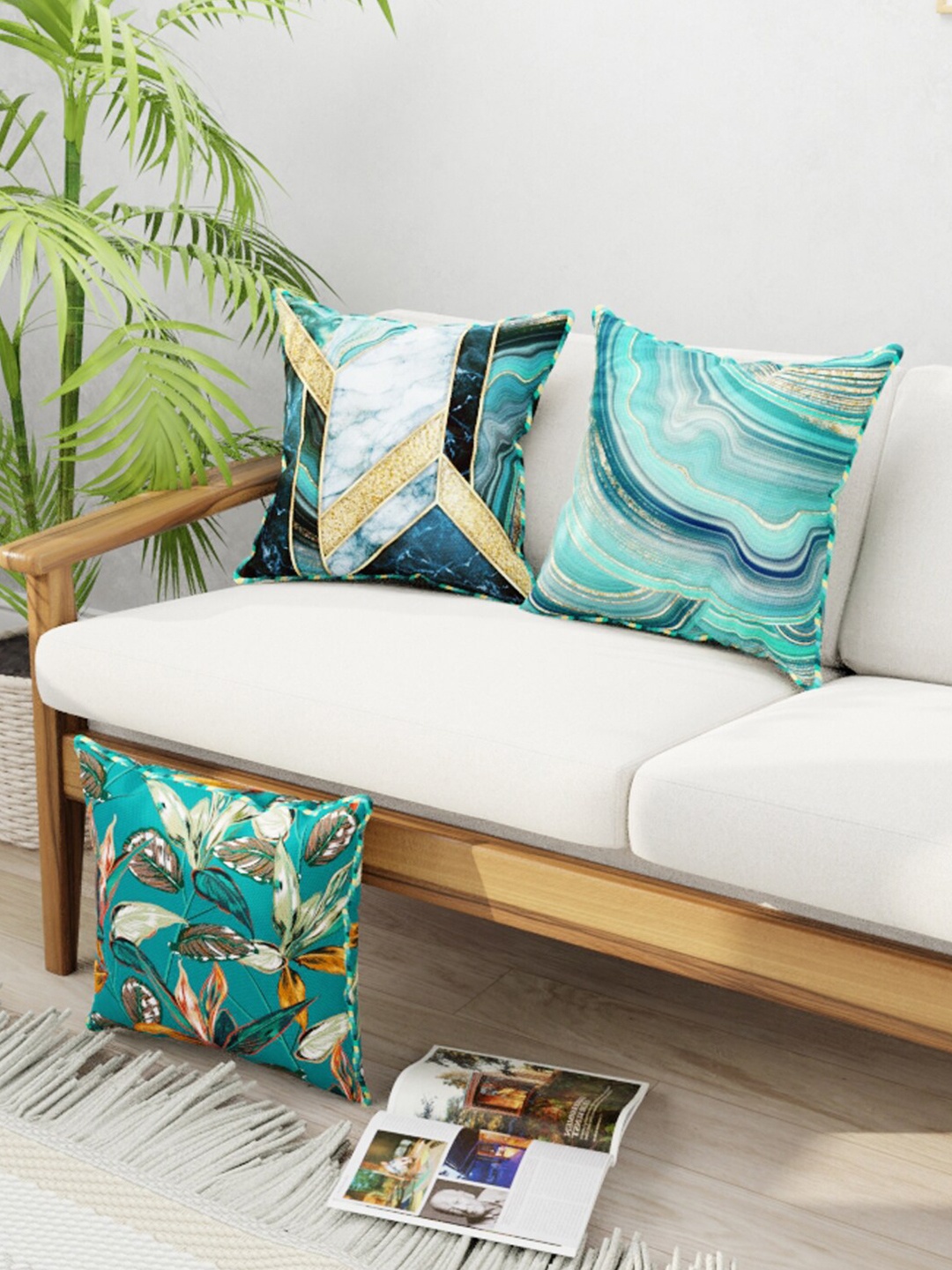 

BIANCA Set Of 3 Teal Abstract Printed Square Cushion Covers