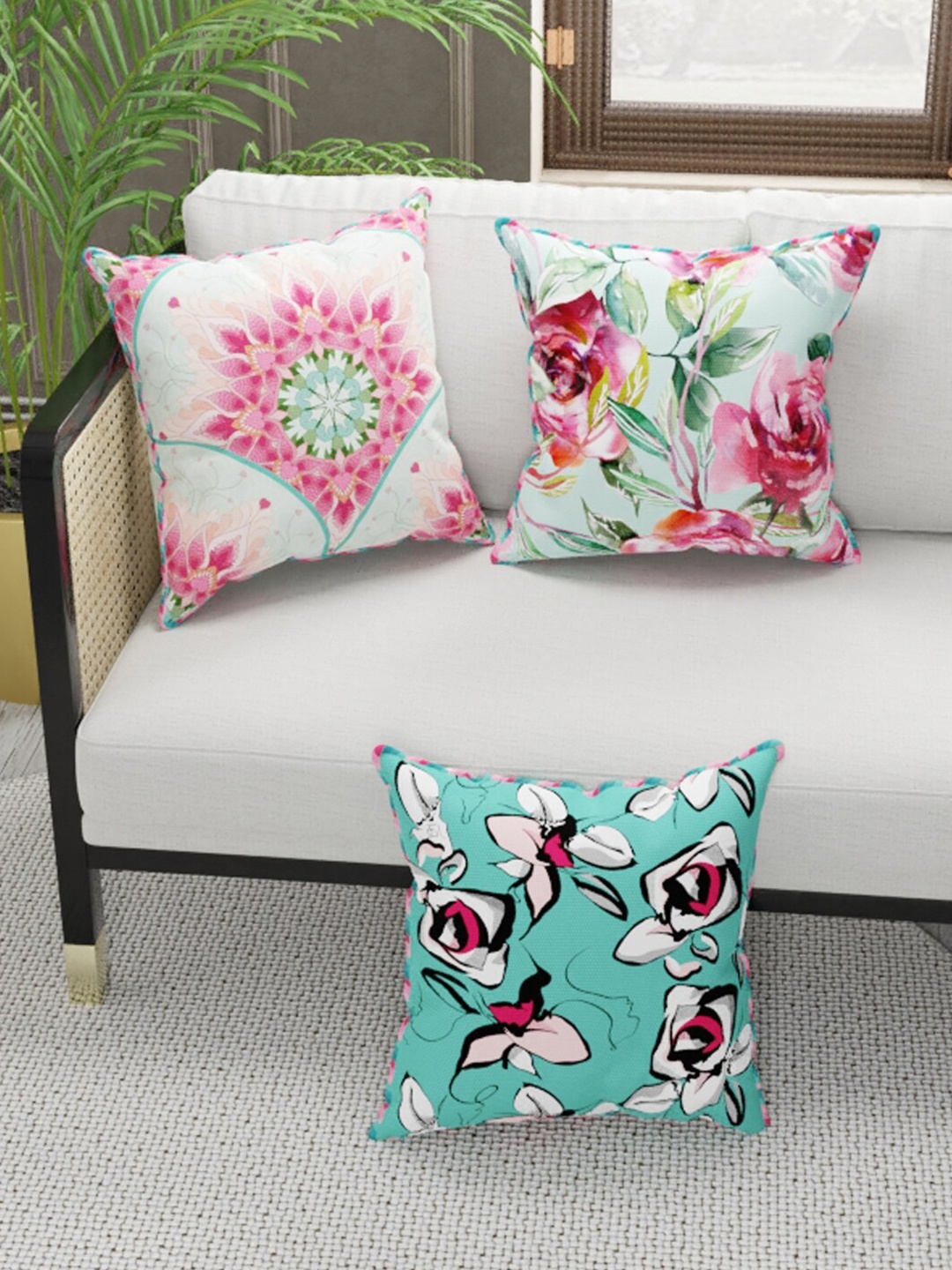 BIANCA Coral & Turquoise Blue Set of 3 Floral Square Cushion Covers