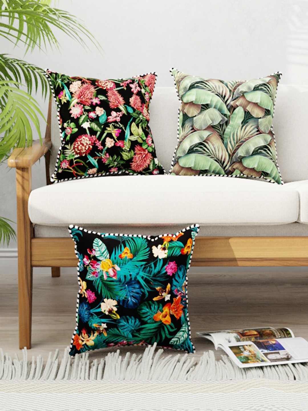 

BIANCA Blue & Green Set of 3 Floral Square Cushion Covers