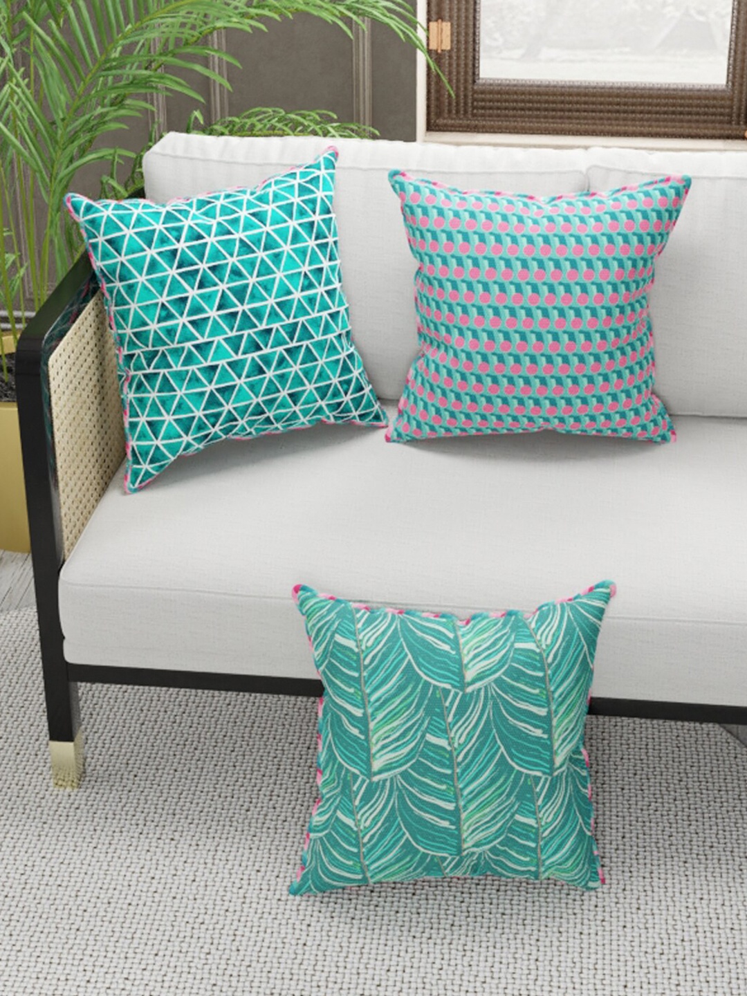 

BIANCA Green & Beige Set of 3 Geometric Square Cushion Covers
