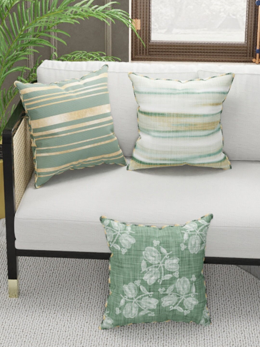 

BIANCA Green & White Set of 3 Floral Faux Silk-Linen Square Cushion Covers