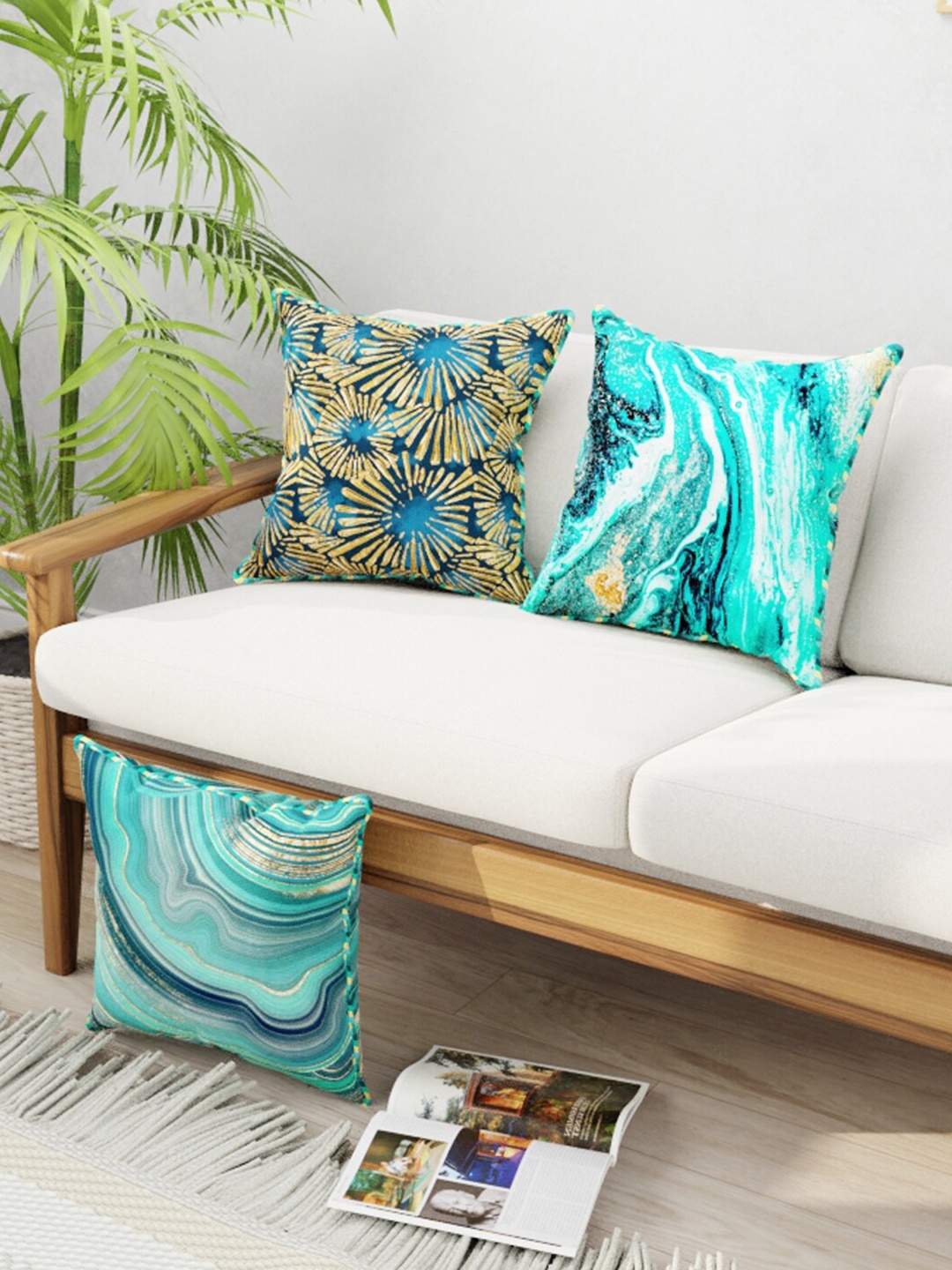 

BIANCA Teal & Gold-Toned Set of 3 Abstract Square Cushion Covers