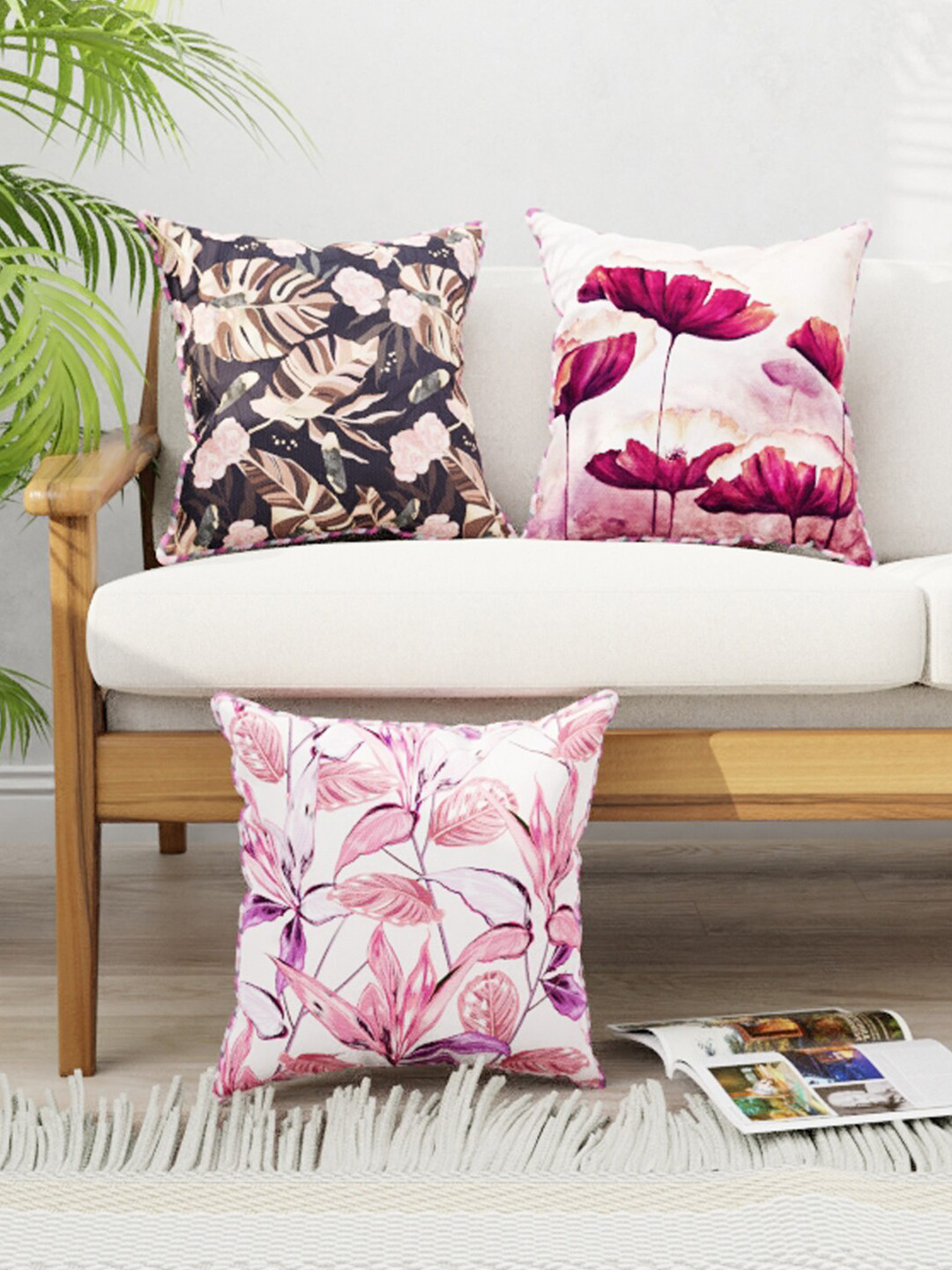 

BIANCA Multicoloured Set of 3 Floral Square Cushion Covers, Multi