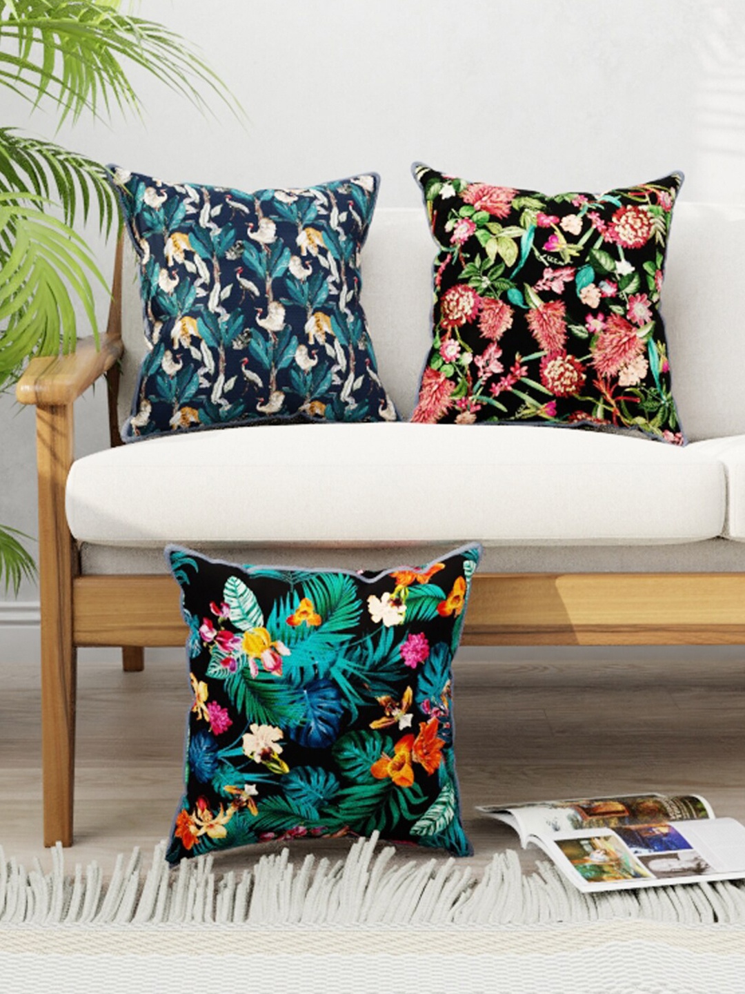 

BIANCA Set of 3 Black & Green Floral Square Cushion Covers