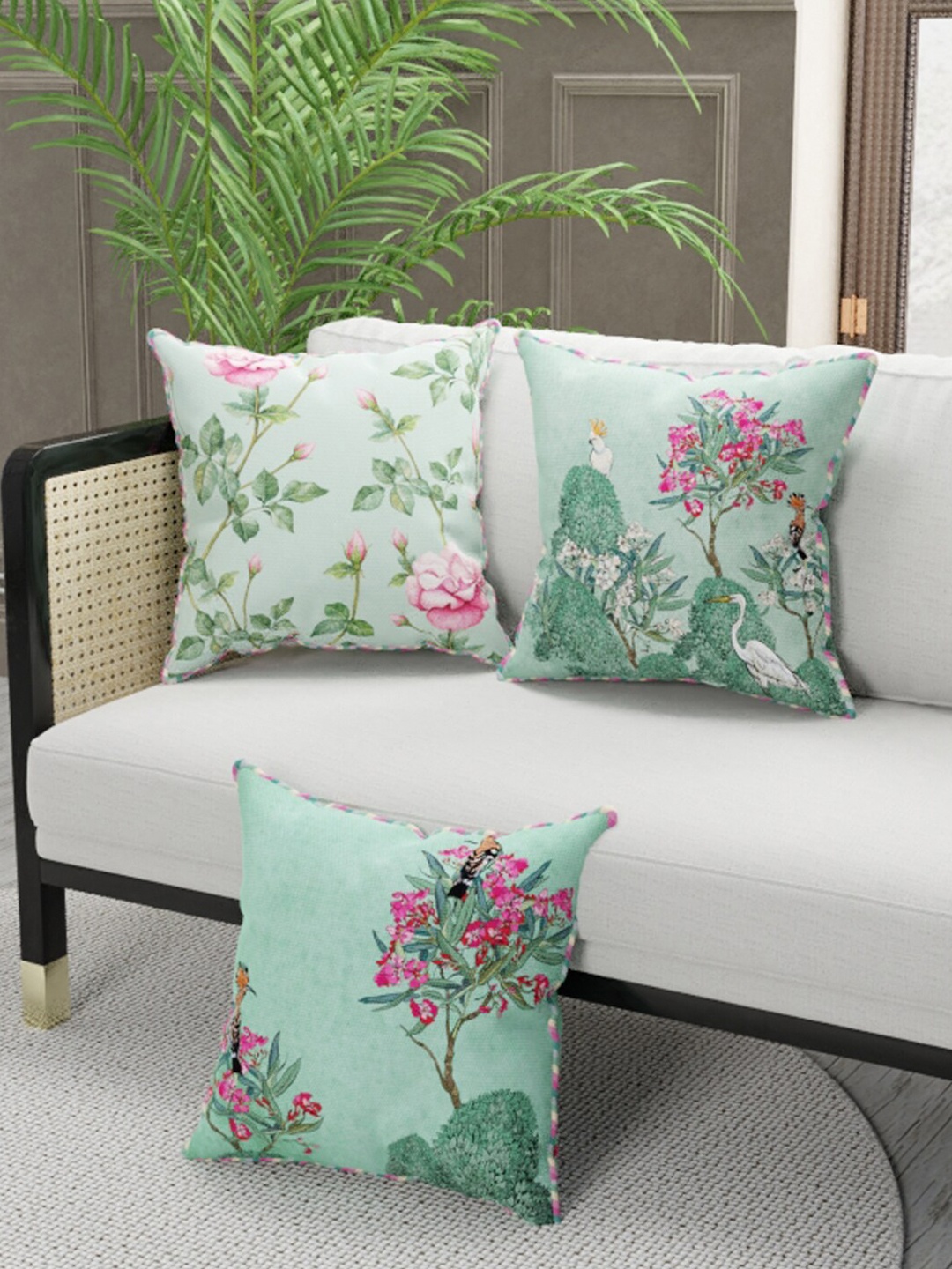 

BIANCA Set Of 3 Mint Green Floral Printed Square Cushion Covers