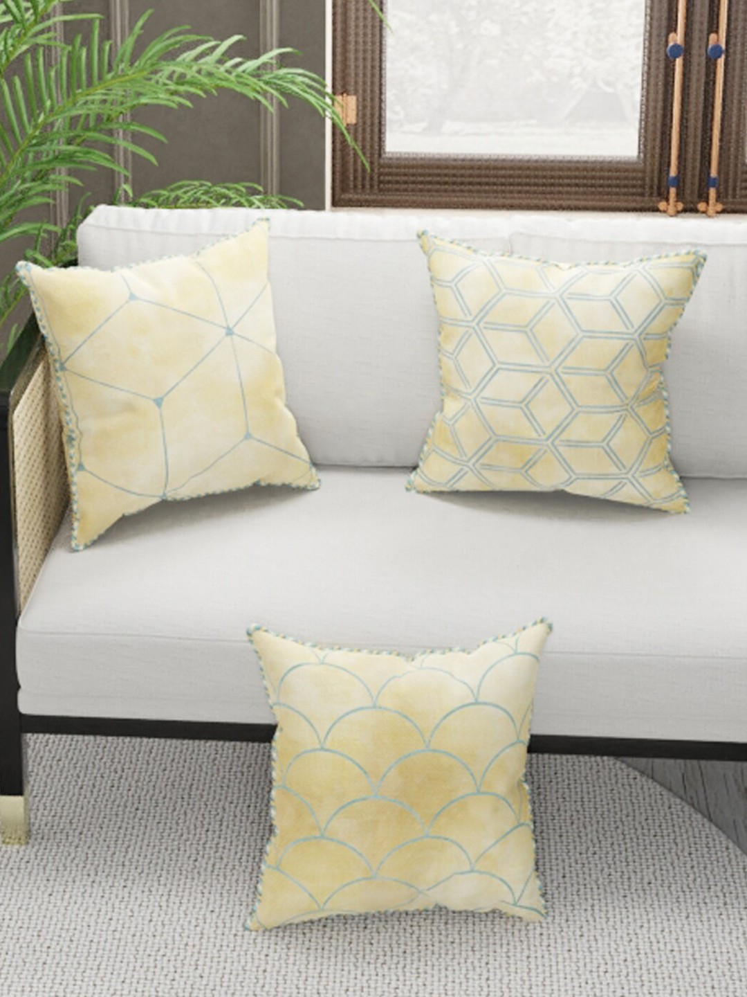 

BIANCA Set of 3 Beige & Turquoise Blue Geometric Square Cushion Covers