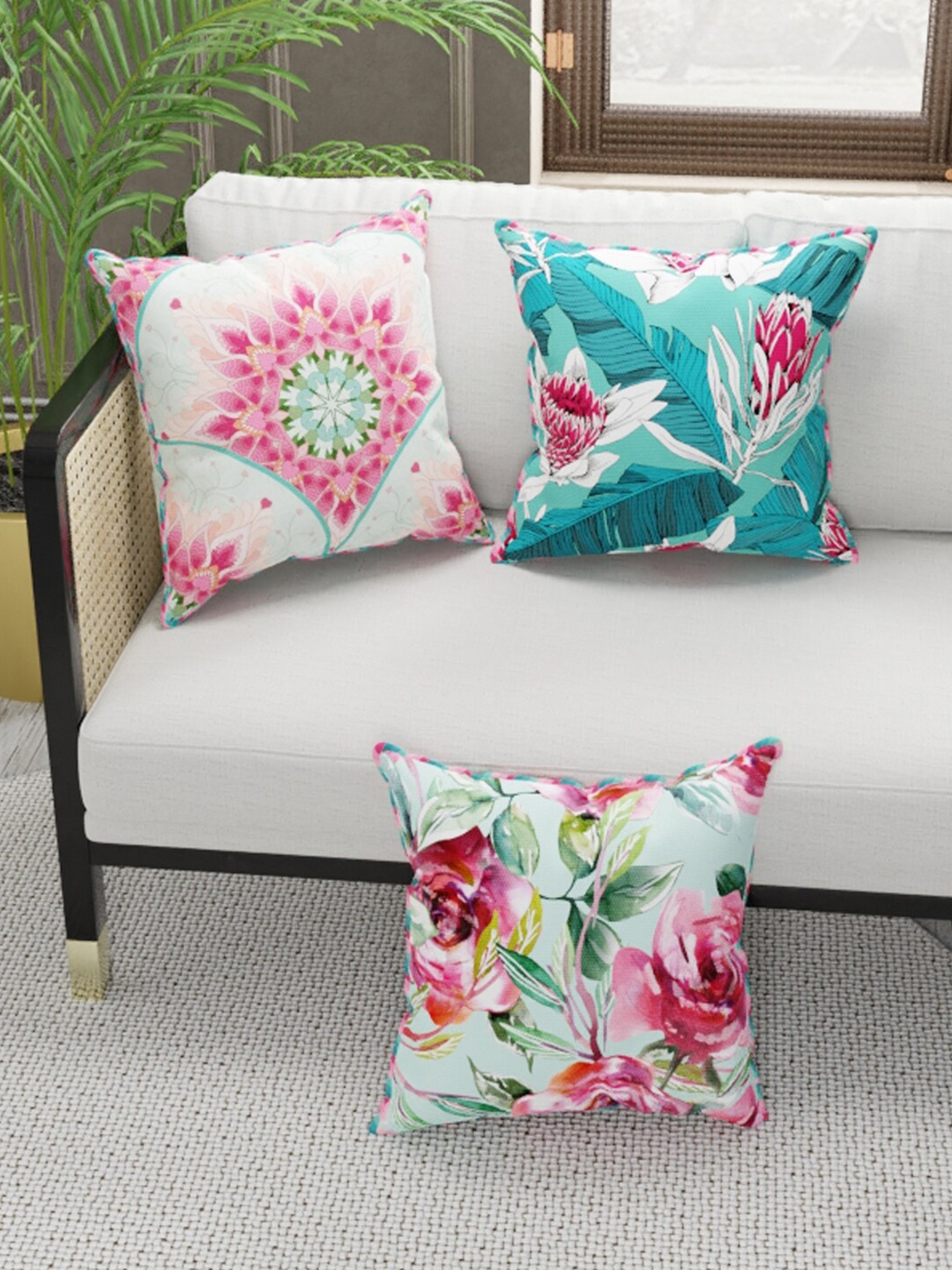 

BIANCA Coral & Teal Set of 3 Floral Square Cushion Covers