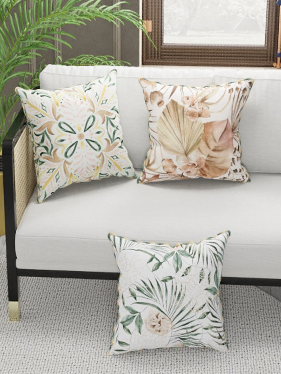 

BIANCA Green & Off White Set of 3 Floral Faux Silk-Linen Square Cushion Covers